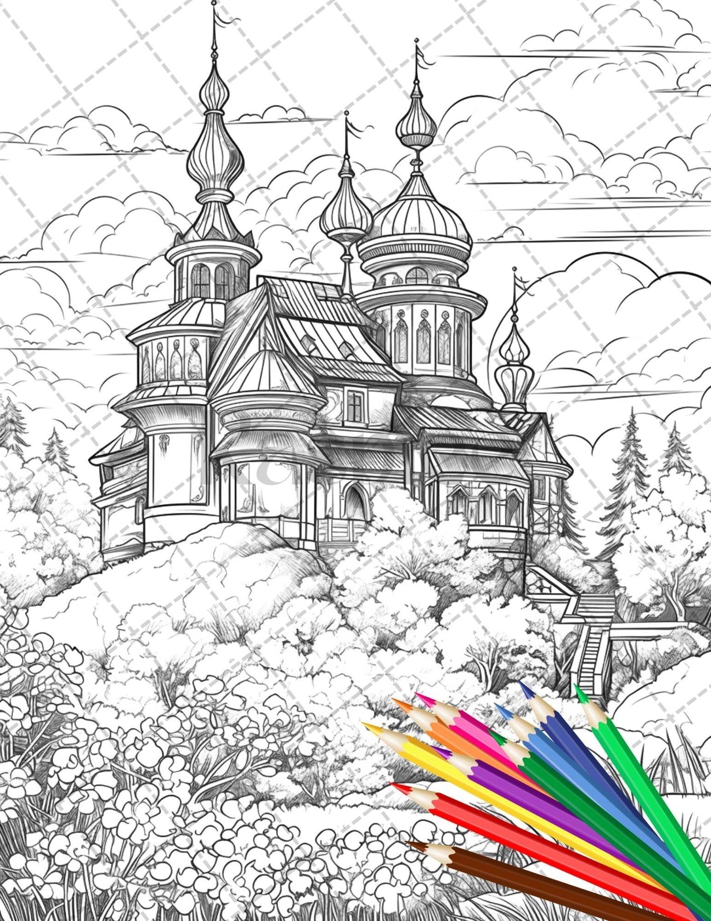 122 Fantasy Castles Coloring Book for Adults, Grayscale Coloring Page, Printable PDF Instant Download