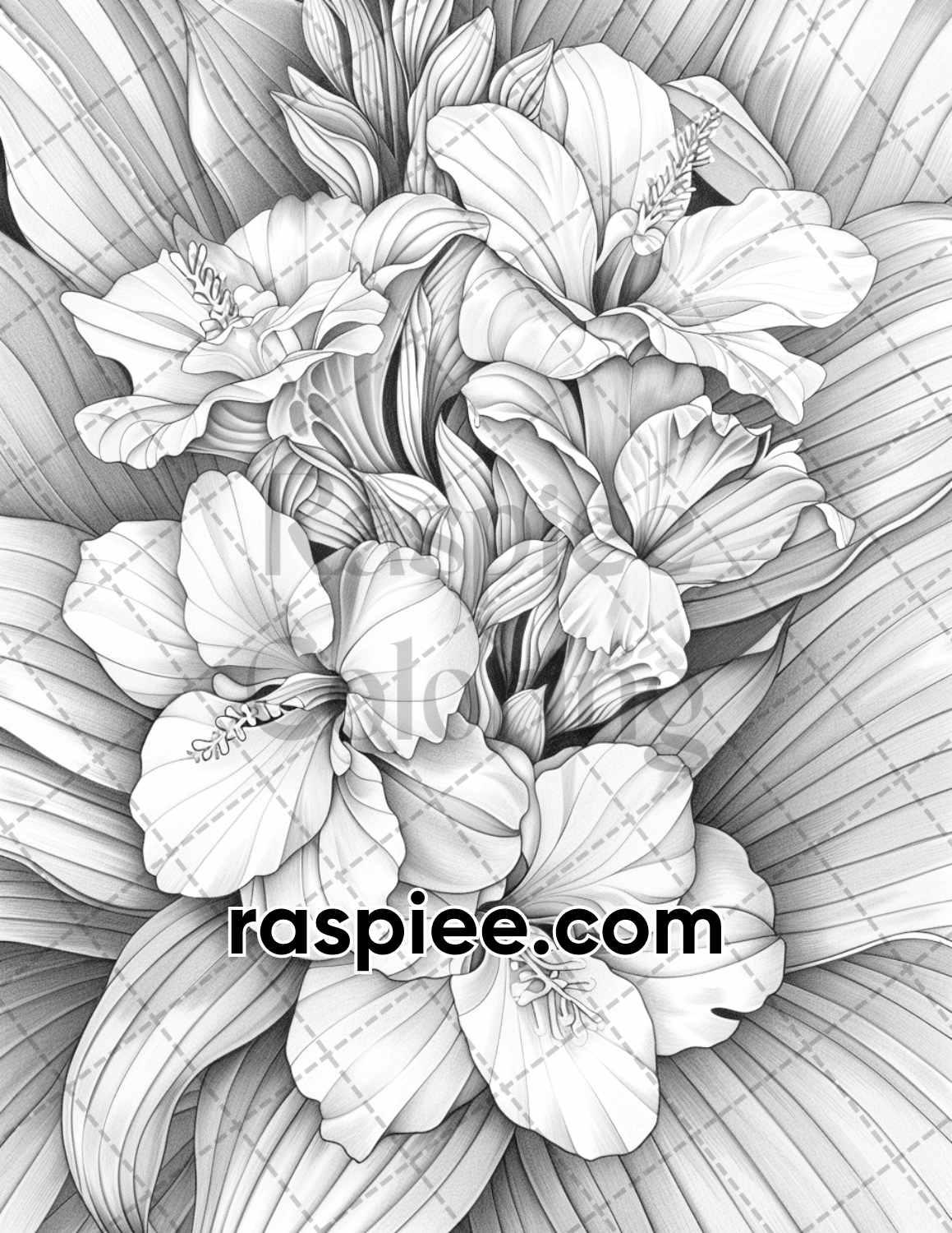 65 Tropical Flowers Grayscale Adult Coloring Pages Printable PDF Instant Download