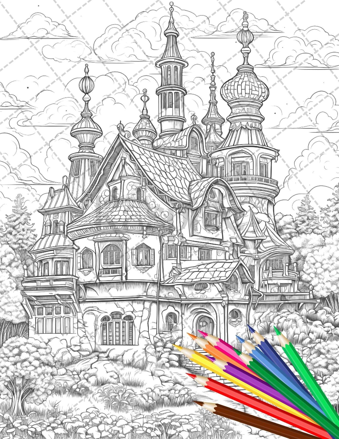 122 Fantasy Castles Coloring Book for Adults, Grayscale Coloring Page, Printable PDF Instant Download