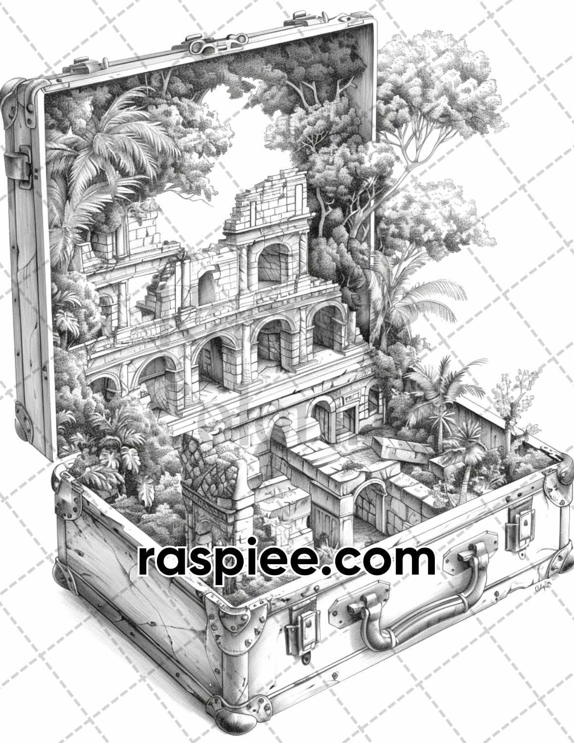 67 Worlds in a Suitcase Grayscale Adult Coloring Pages, Printable PDF Instant Download