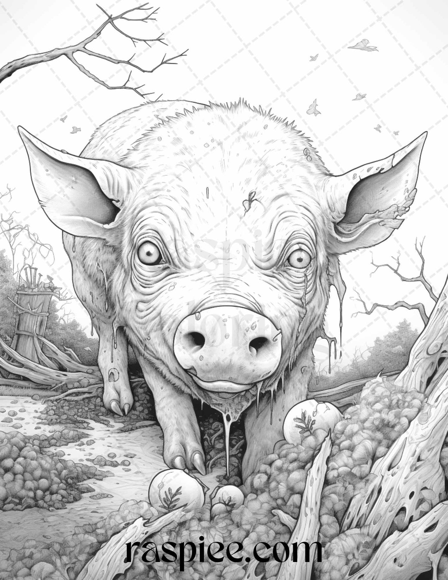 66 Horror Zombie Animals Grayscale Coloring Pages Printable for Adults, PDF File Instant Download