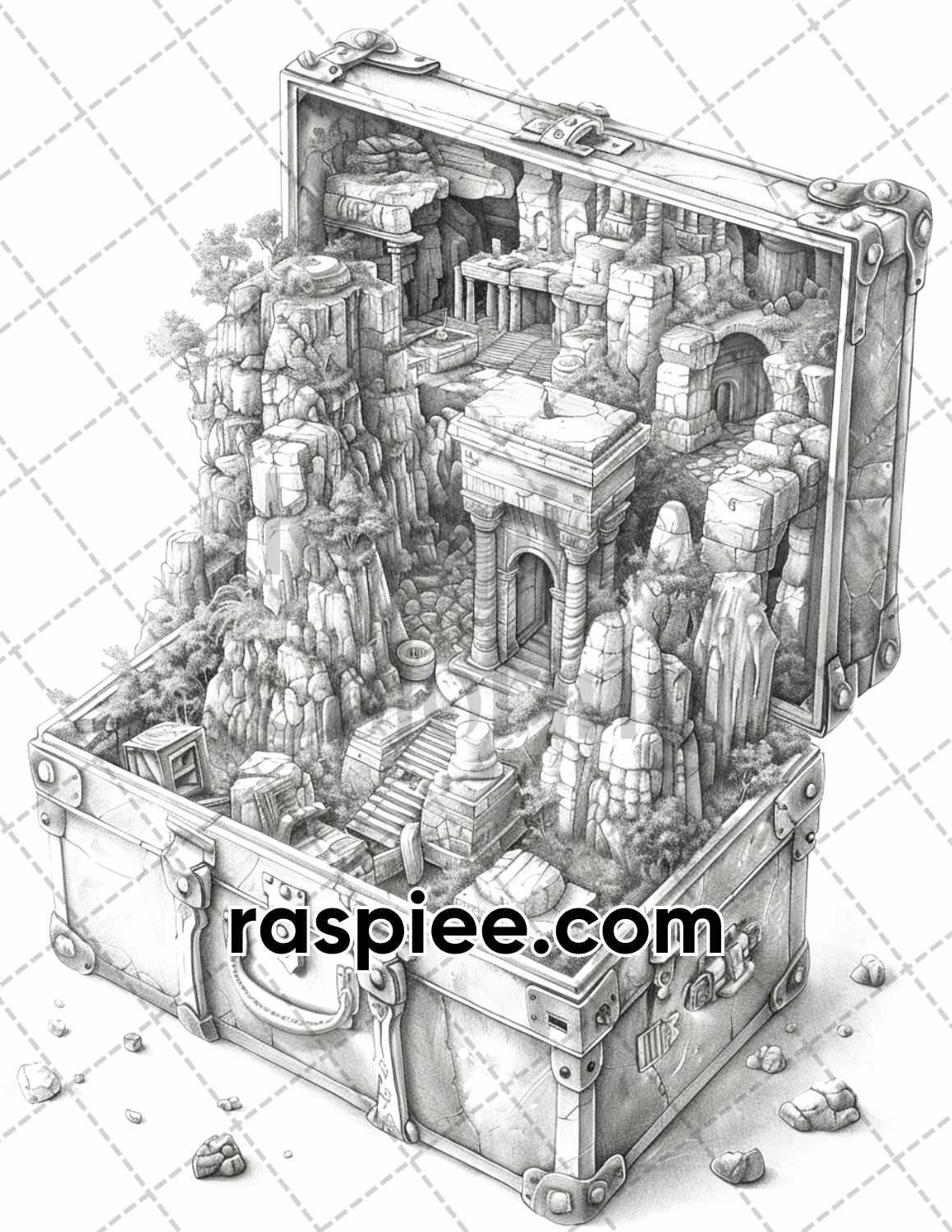 67 Worlds in a Suitcase Grayscale Adult Coloring Pages, Printable PDF Instant Download