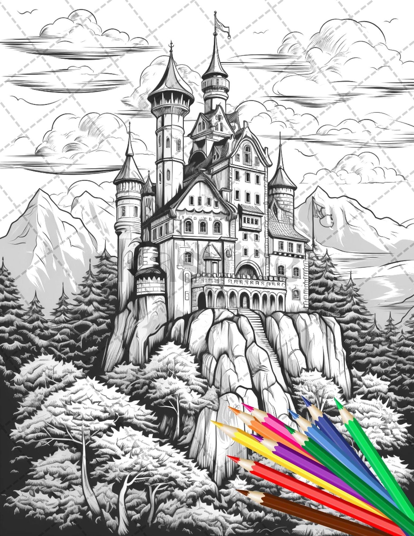122 Fantasy Castles Coloring Book for Adults, Grayscale Coloring Page, Printable PDF Instant Download