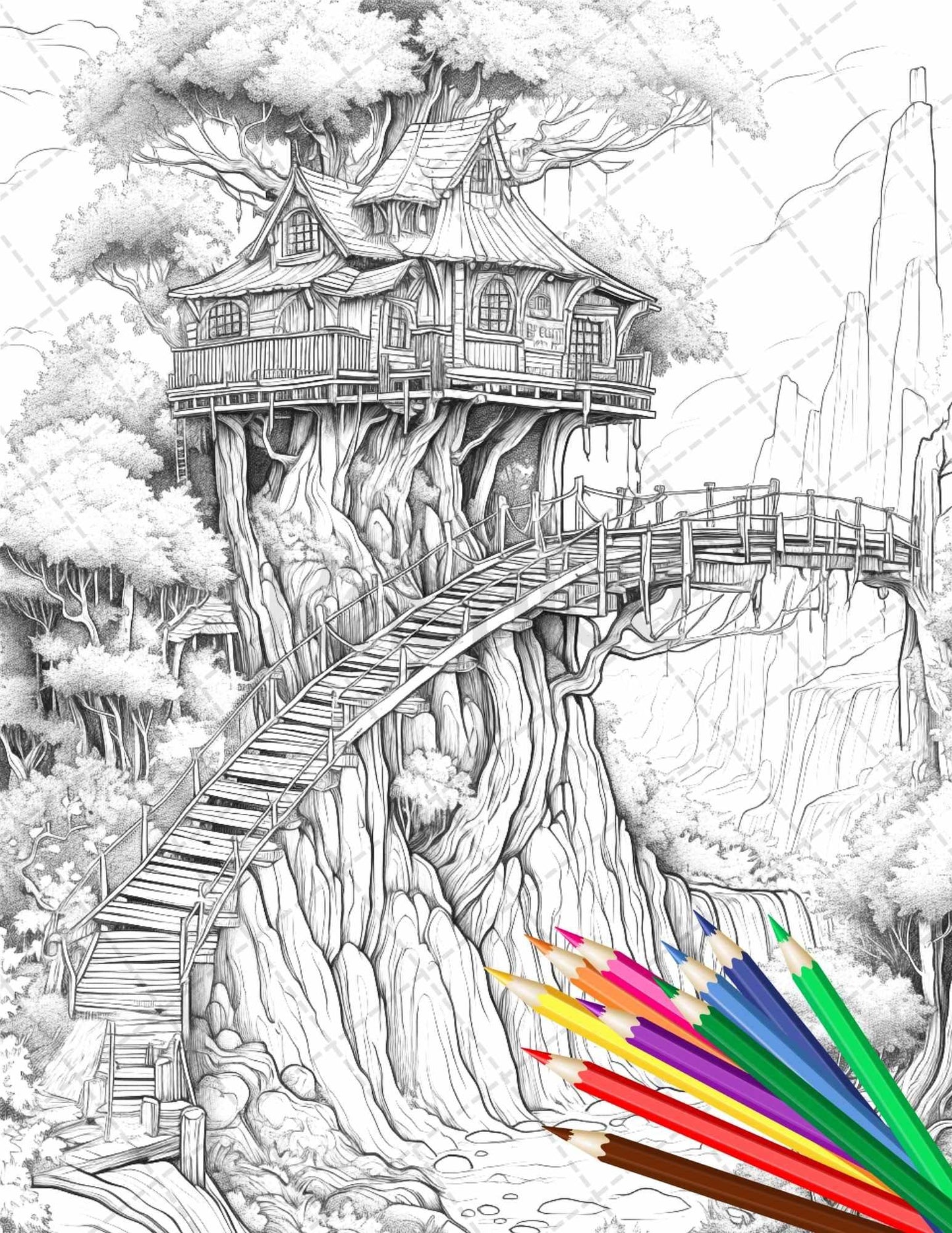 110 Enchanted Treehouse Coloring Book Printable for Adults, Grayscale Coloring Page, PDF File Instant Download