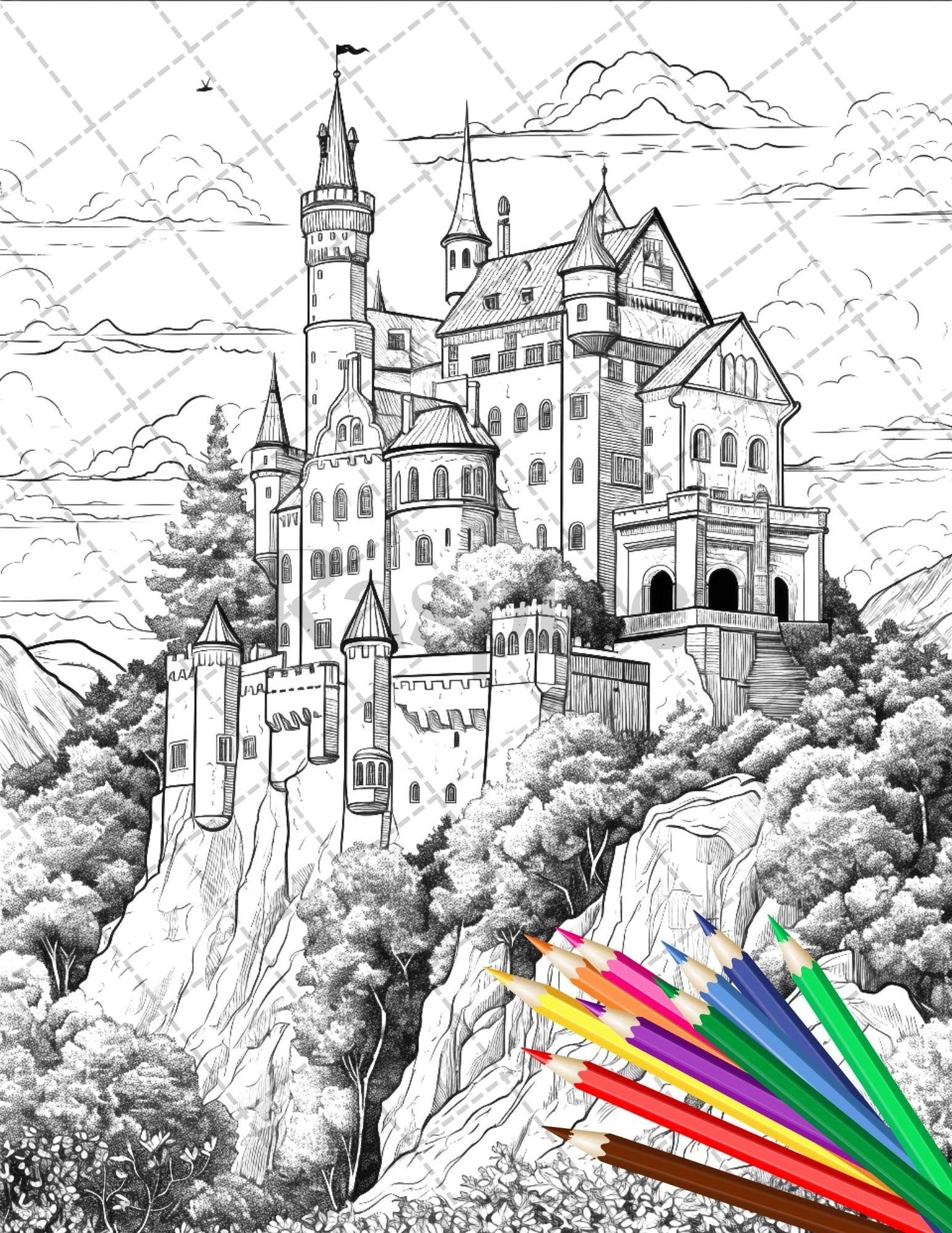 122 Fantasy Castles Coloring Book for Adults, Grayscale Coloring Page, Printable PDF Instant Download