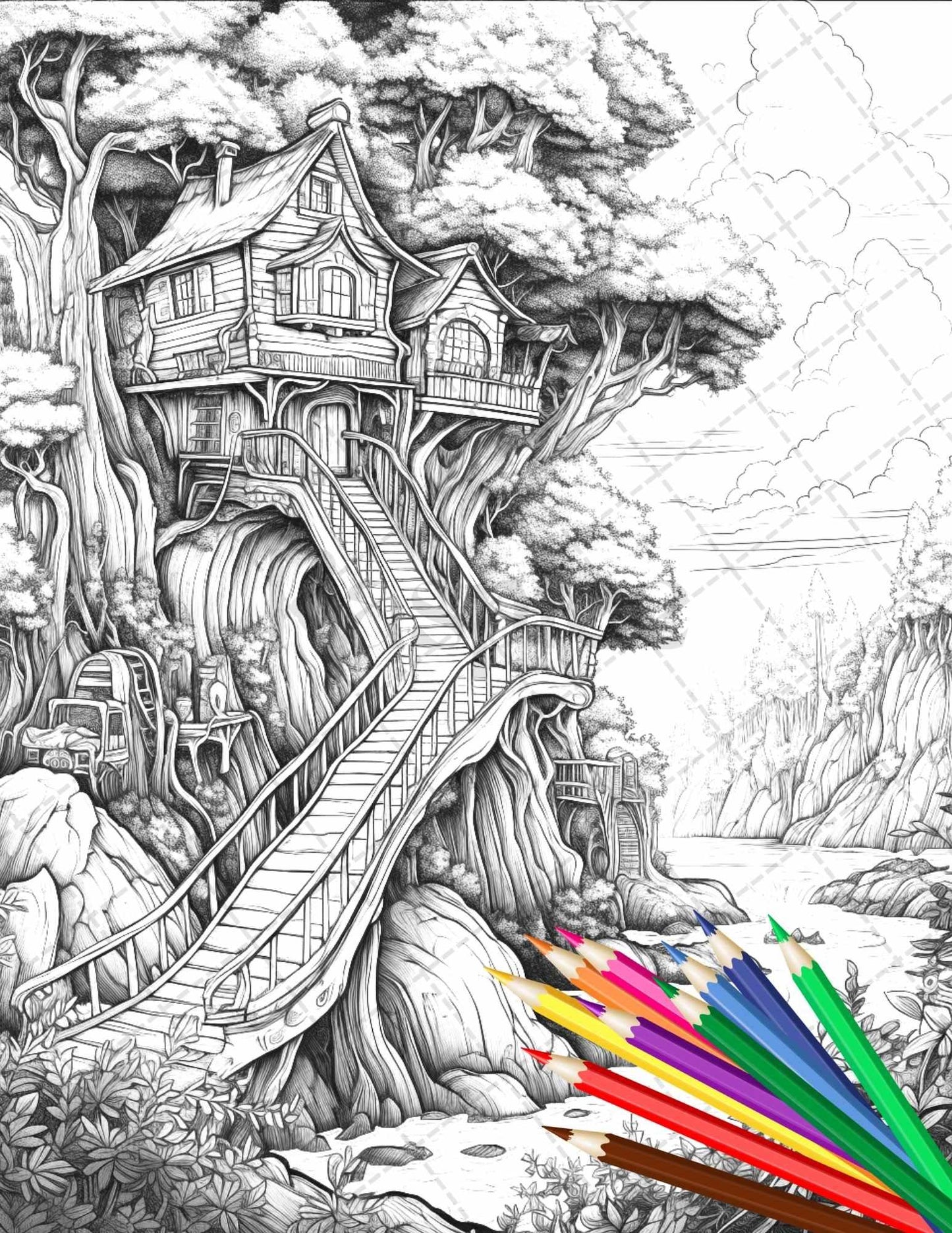 110 Enchanted Treehouse Coloring Book Printable for Adults, Grayscale Coloring Page, PDF File Instant Download