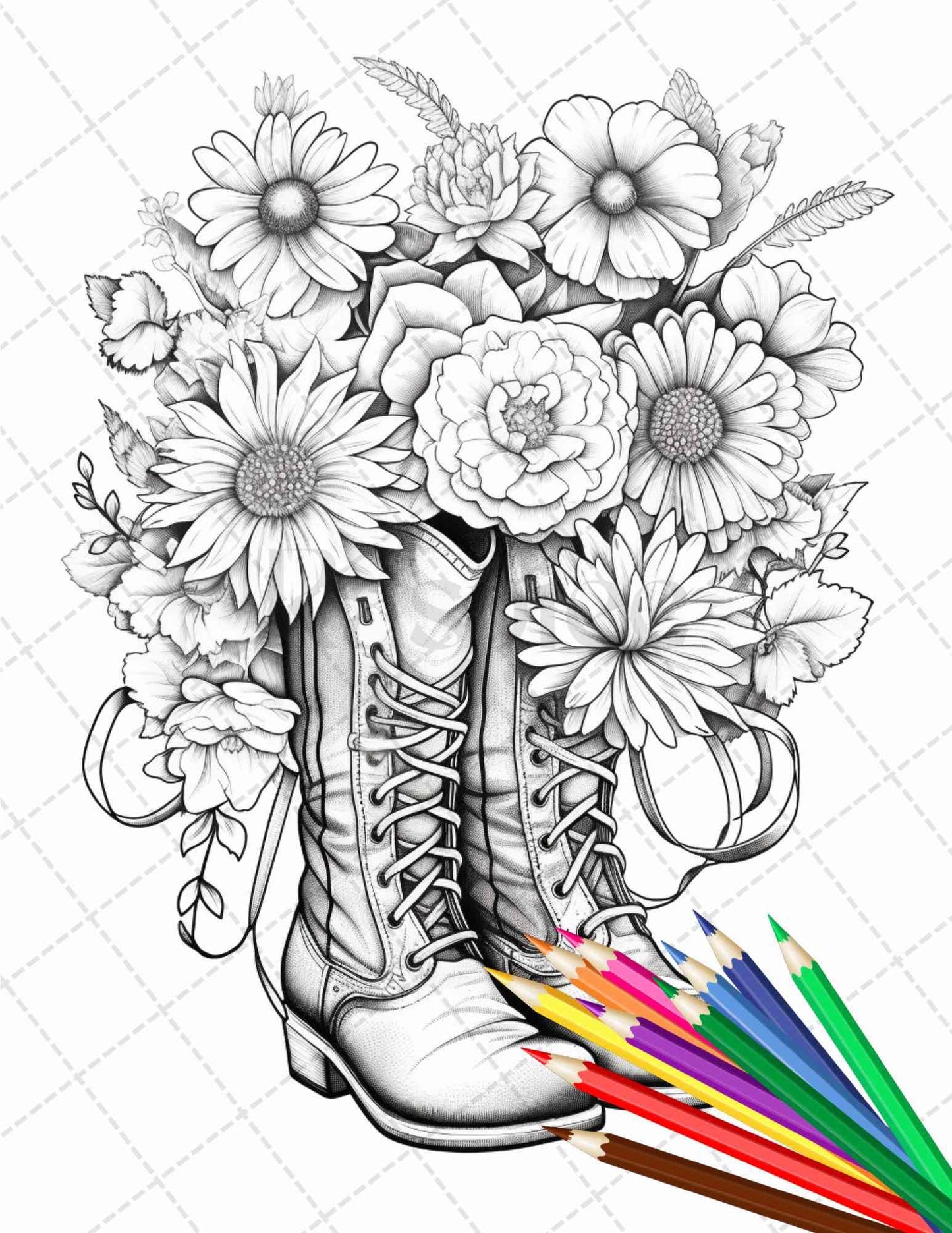 32 Flower Boots Coloring Pages Printable for Adults, Floral Grayscale Coloring Page, PDF File Instant Download