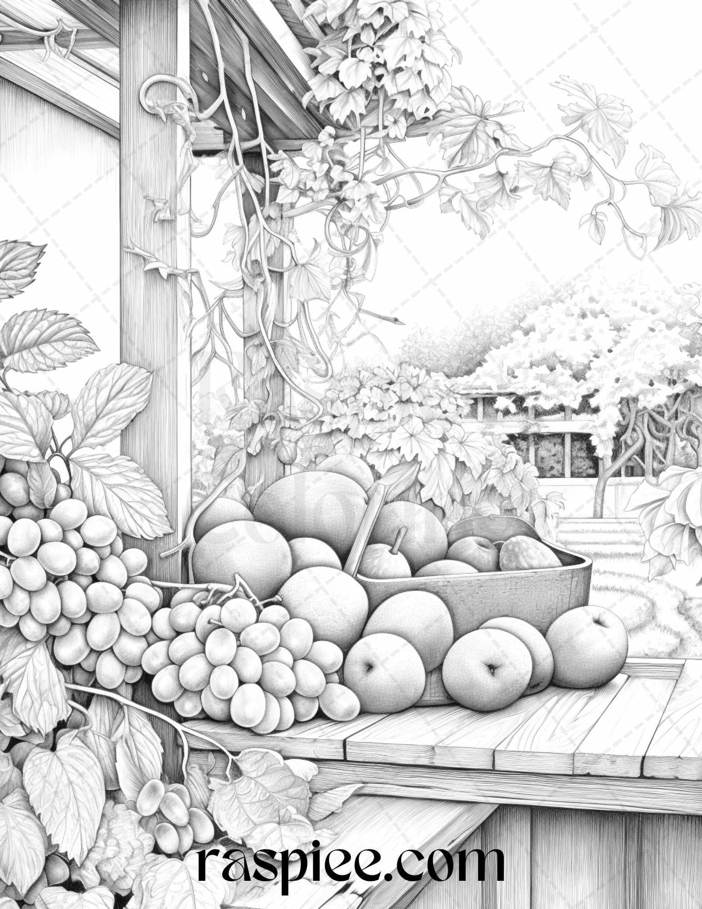 Relaxing Fruit Garden Grayscale Coloring Pages Printable for Adults, PDF File Instant Download