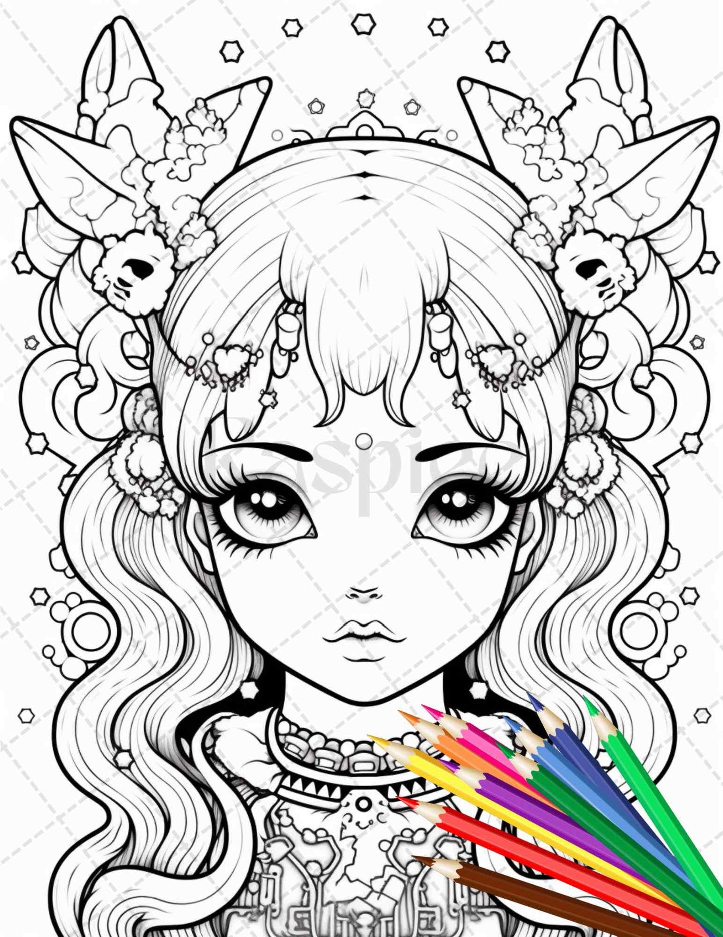 32 Creepy Kawaii Pastel Goth Coloring Pages Printable for Adults, Grayscale Coloring Page, PDF File Instant Download