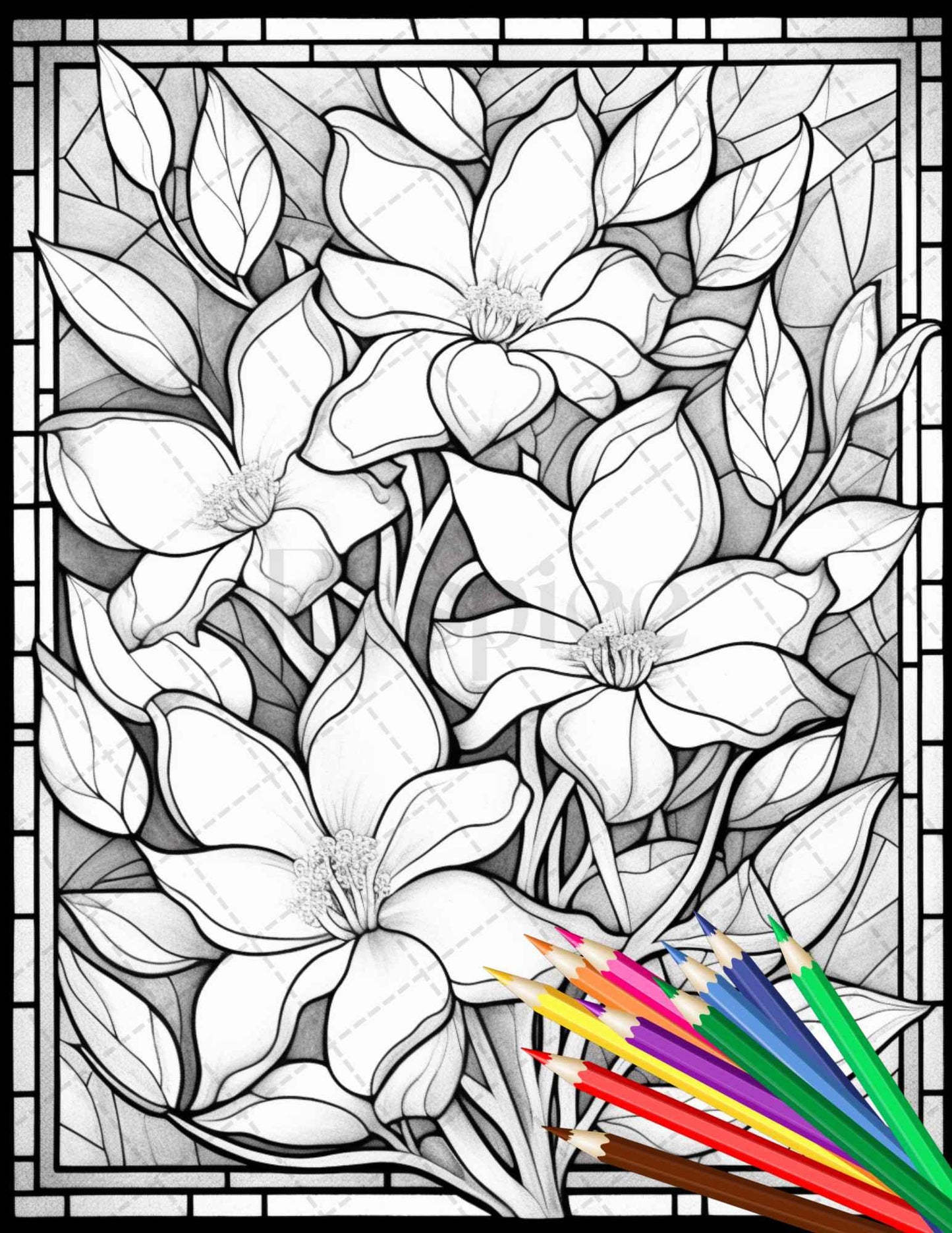 30 Stained Glass Flowers Grayscale Coloring Pages Printable for Adults, PDF File Instant Download