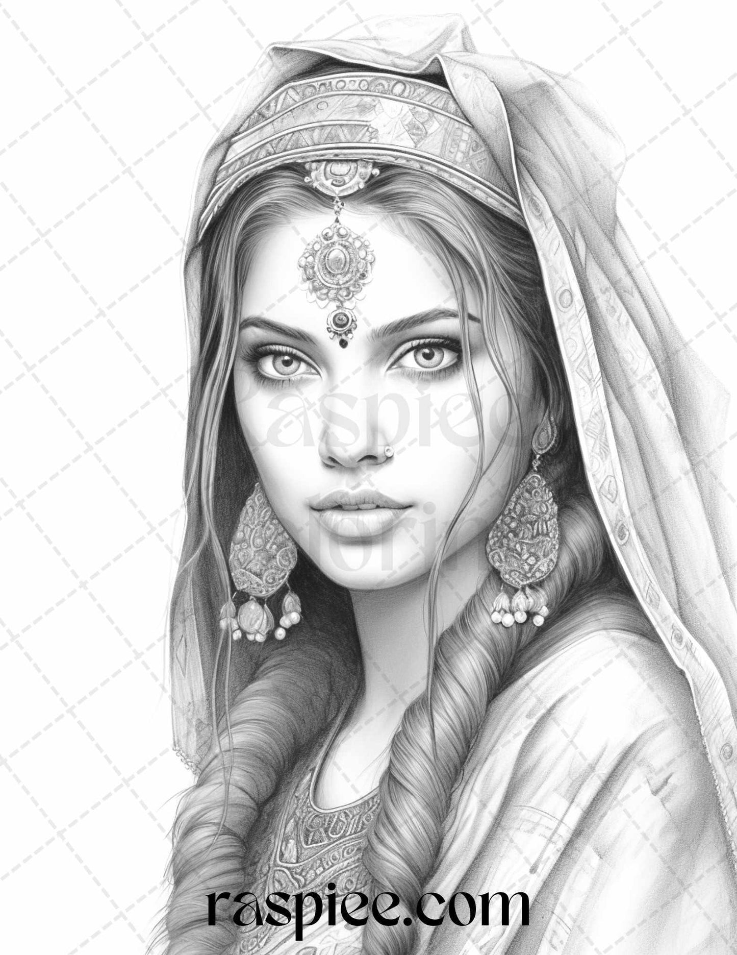 50 Beautiful Indian Women Grayscale Coloring Pages for Adults, Printable PDF File Instant Download