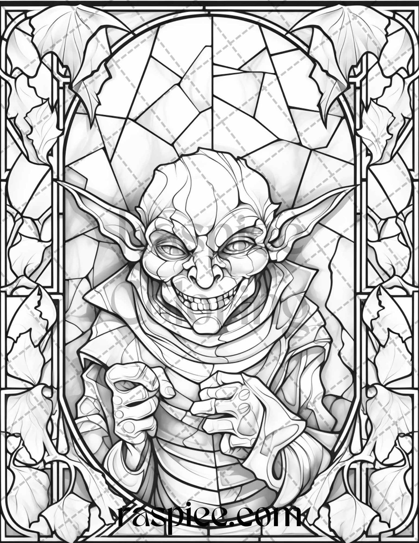 70 Halloween Stained Glass Grayscale Coloring Pages Printable for Adults, PDF File Instant Download