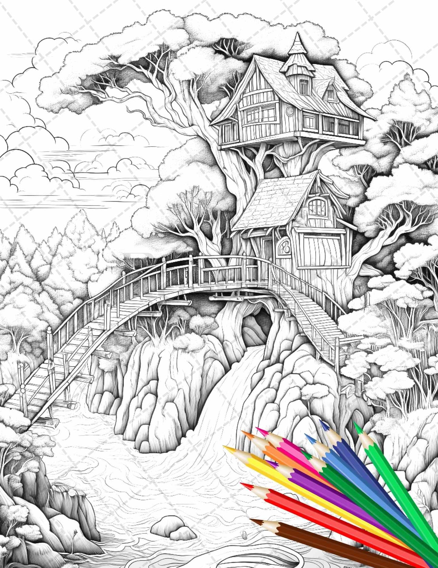 110 Enchanted Treehouse Coloring Book Printable for Adults, Grayscale Coloring Page, PDF File Instant Download