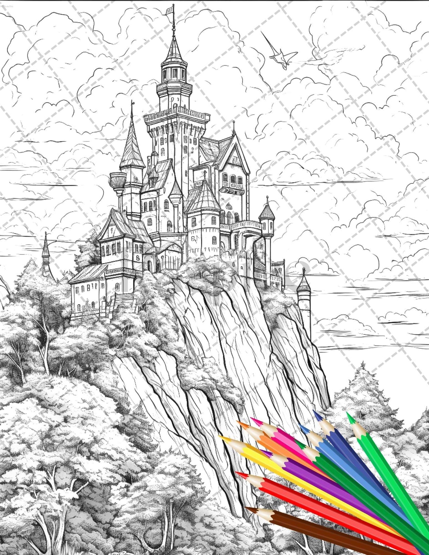 122 Fantasy Castles Coloring Book for Adults, Grayscale Coloring Page, Printable PDF Instant Download