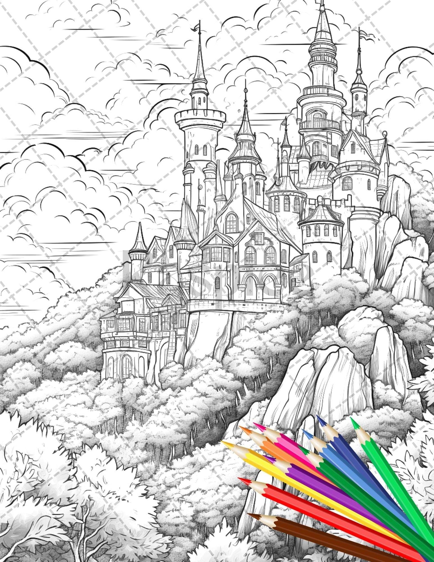 122 Fantasy Castles Coloring Book for Adults, Grayscale Coloring Page, Printable PDF Instant Download