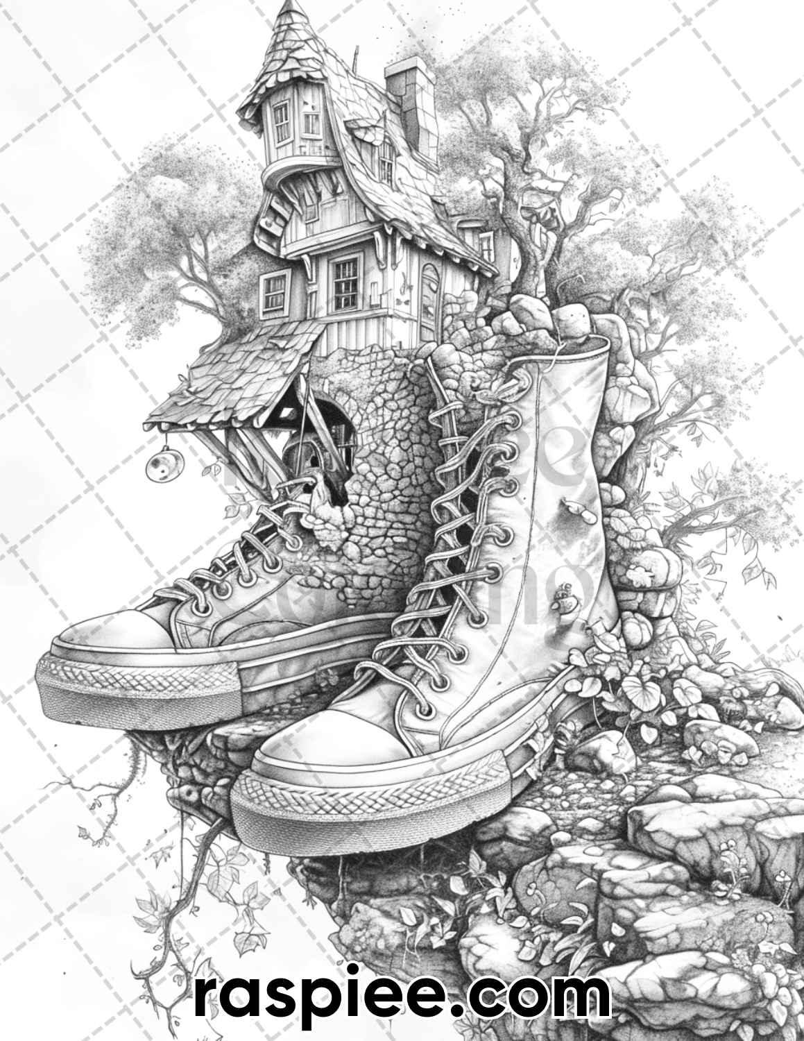 80 Fantasy Shoe House Grayscale Adult Coloring Pages, Printable PDF Instant Download
