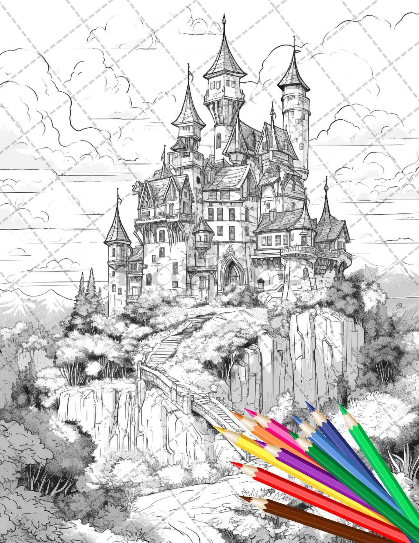 122 Fantasy Castles Coloring Book for Adults, Grayscale Coloring Page, Printable PDF Instant Download