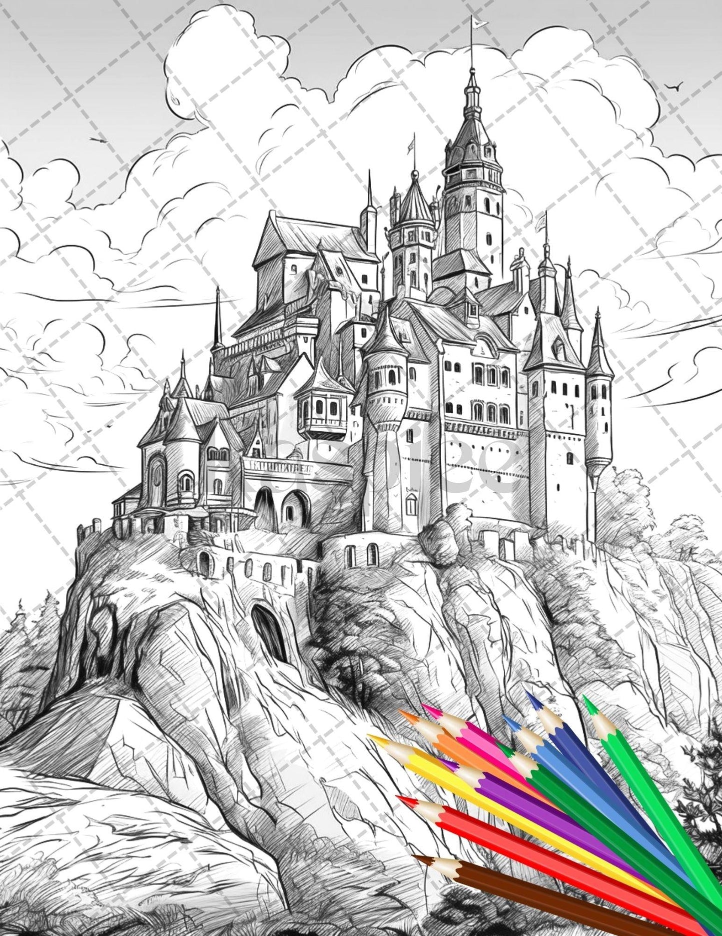 122 Fantasy Castles Coloring Book for Adults, Grayscale Coloring Page, Printable PDF Instant Download