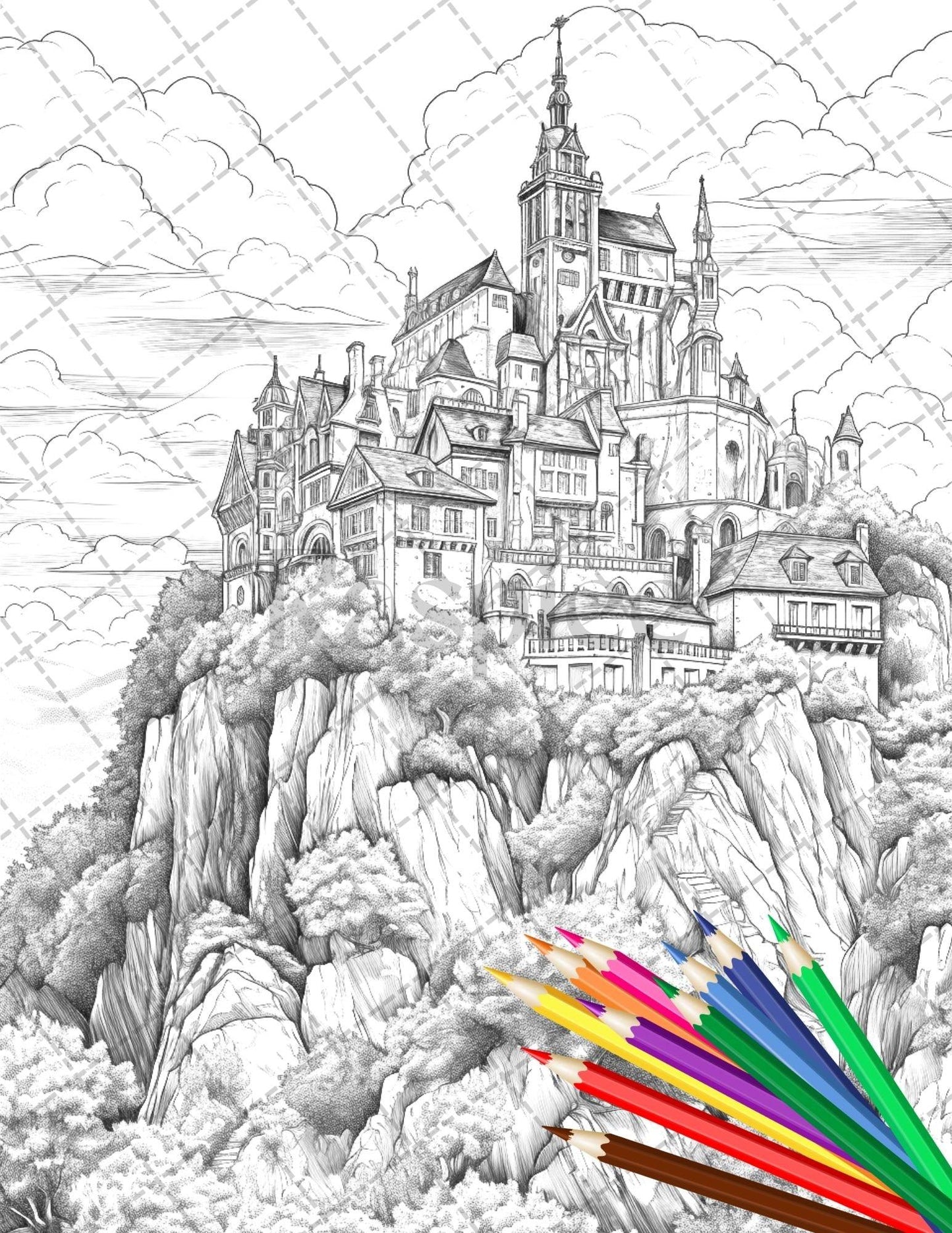 122 Fantasy Castles Coloring Book for Adults, Grayscale Coloring Page, Printable PDF Instant Download
