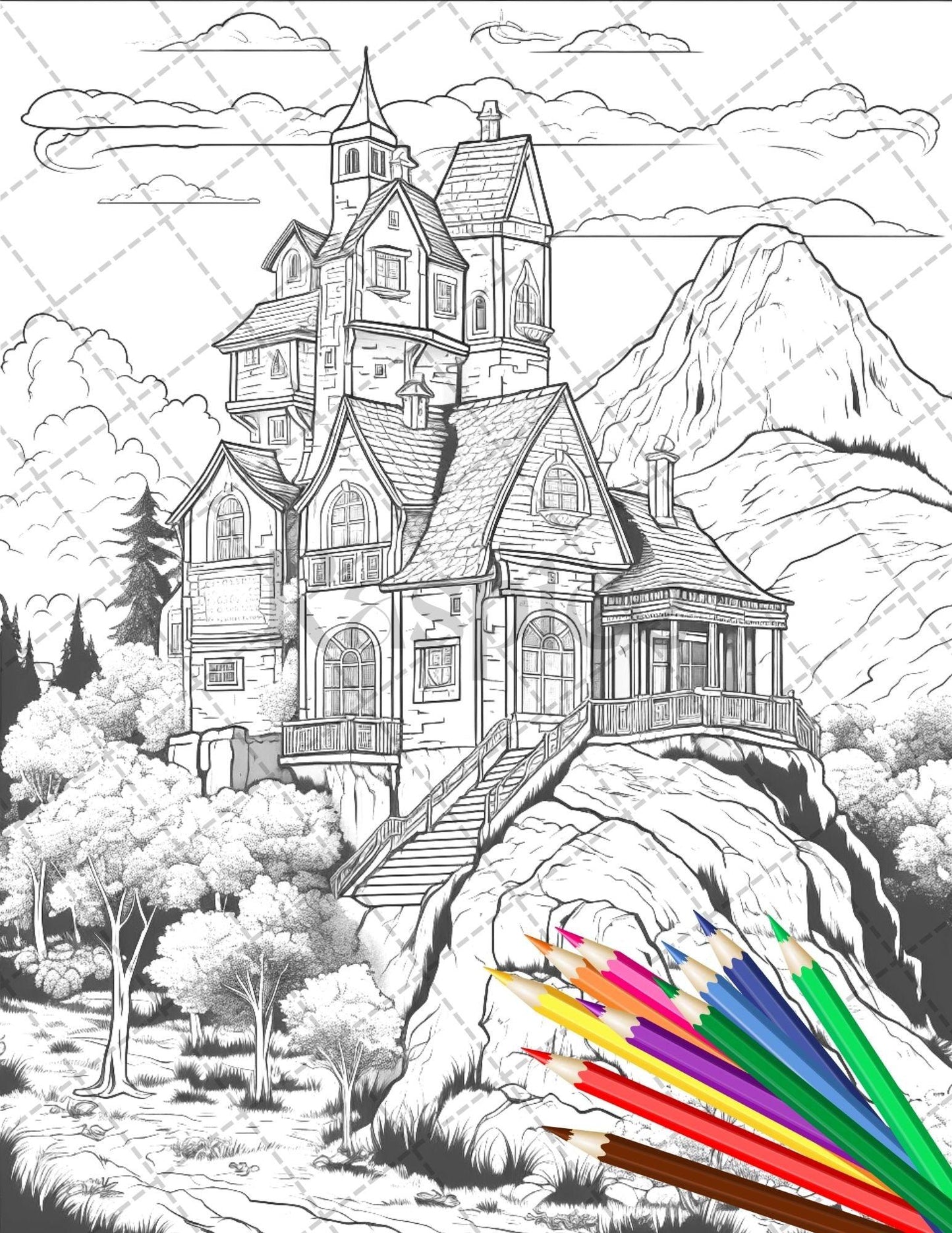 122 Fantasy Castles Coloring Book for Adults, Grayscale Coloring Page, Printable PDF Instant Download