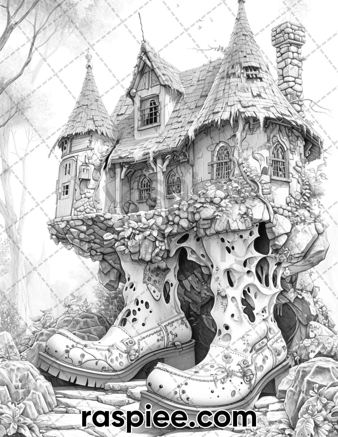 80 Fantasy Shoe House Grayscale Adult Coloring Pages, Printable PDF Instant Download