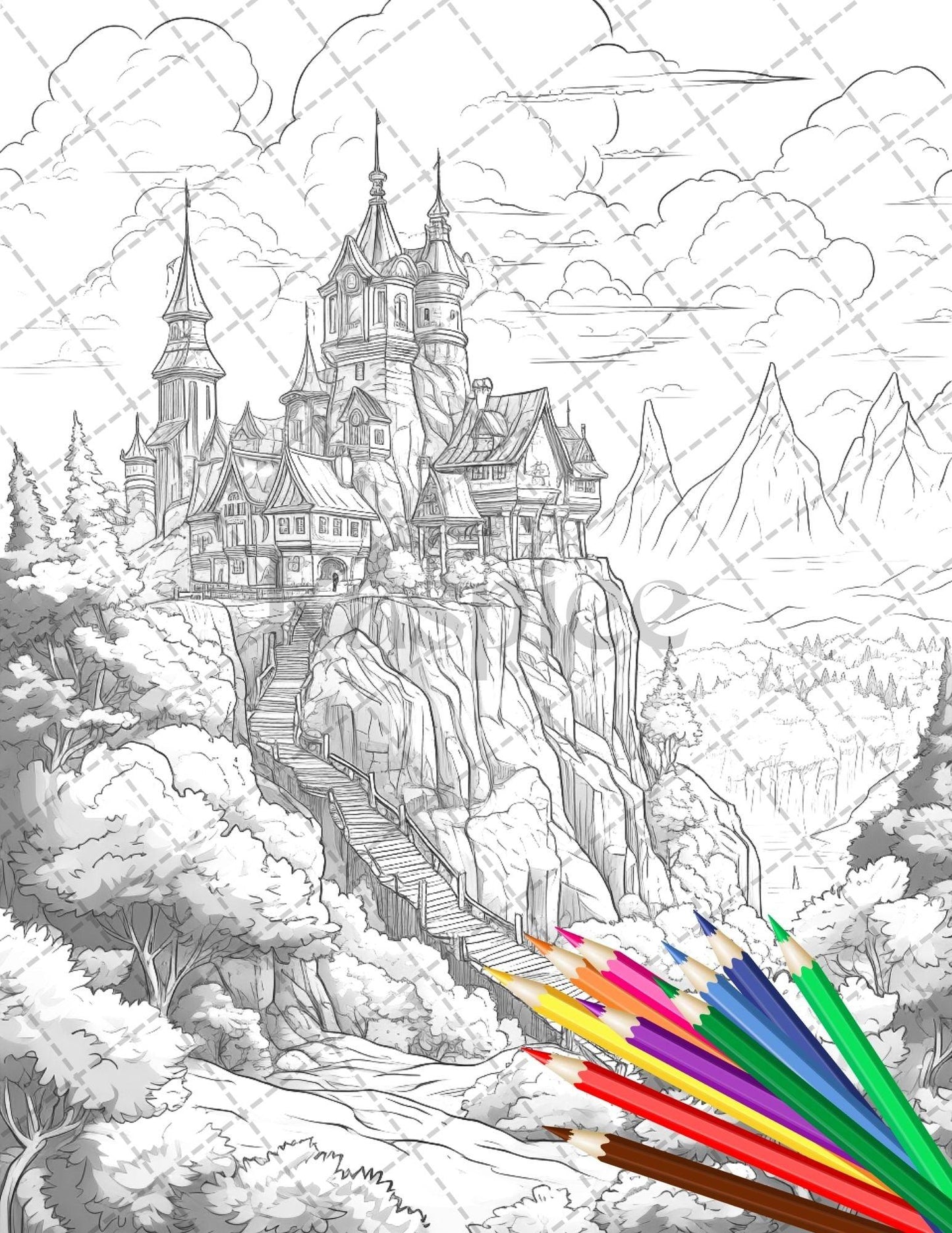 122 Fantasy Castles Coloring Book for Adults, Grayscale Coloring Page, Printable PDF Instant Download