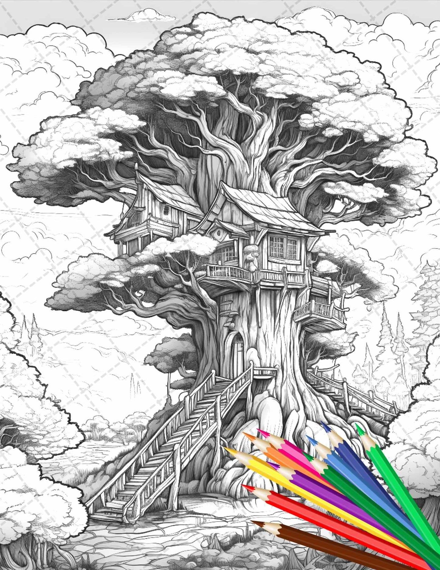 110 Enchanted Treehouse Coloring Book Printable for Adults, Grayscale Coloring Page, PDF File Instant Download