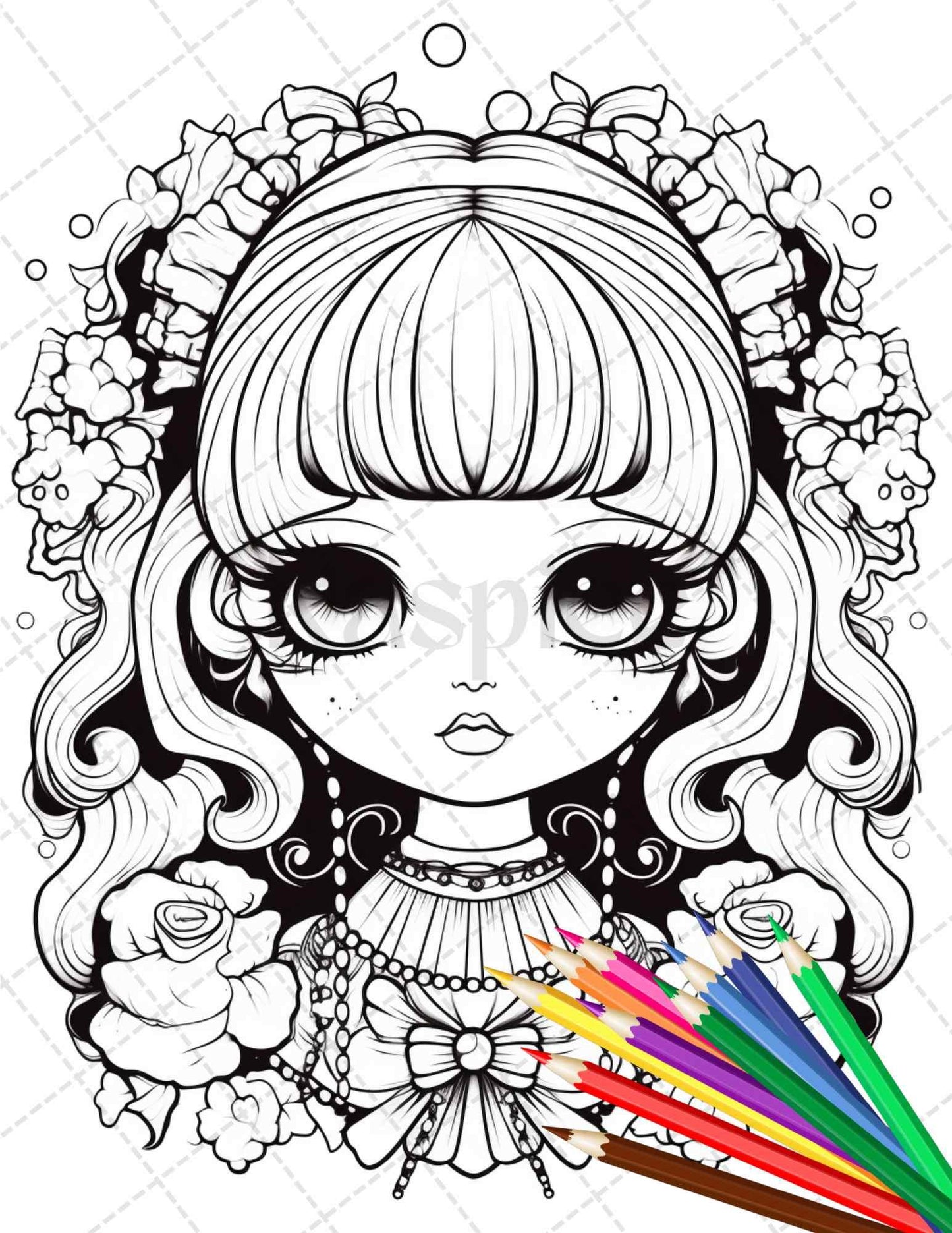 32 Creepy Kawaii Pastel Goth Coloring Pages Printable for Adults, Grayscale Coloring Page, PDF File Instant Download