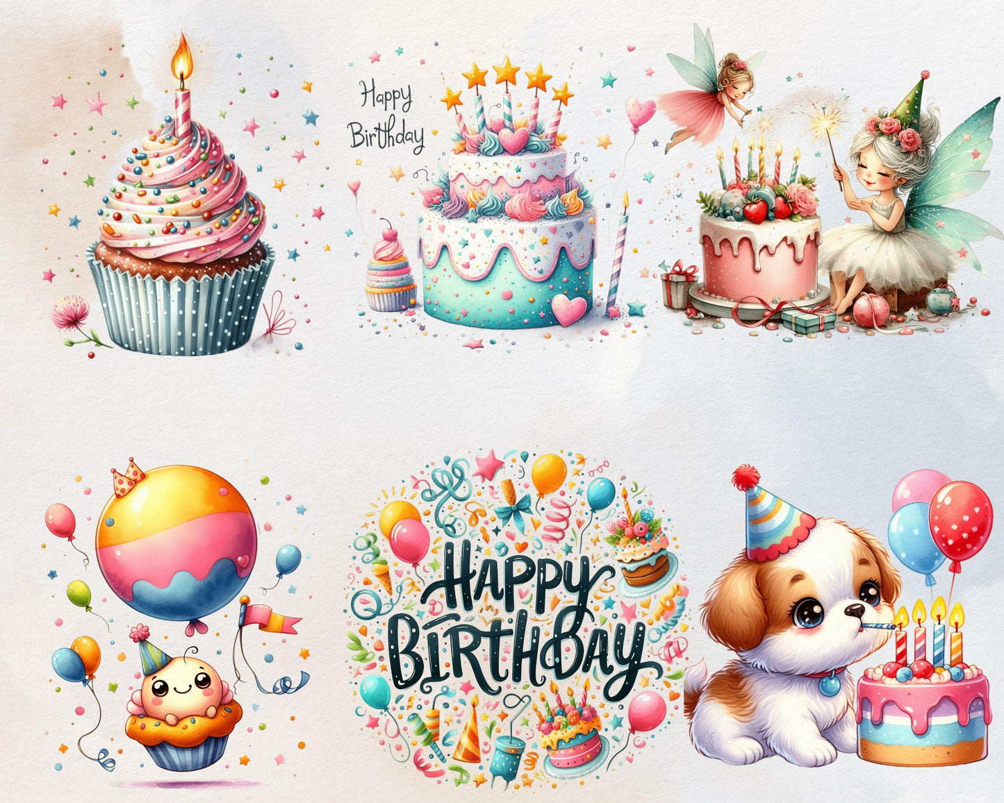 Watercolor Happy Birthday Clipart Bundle, 70 PNG High-Res Files for DIY Projects and Commercial Use