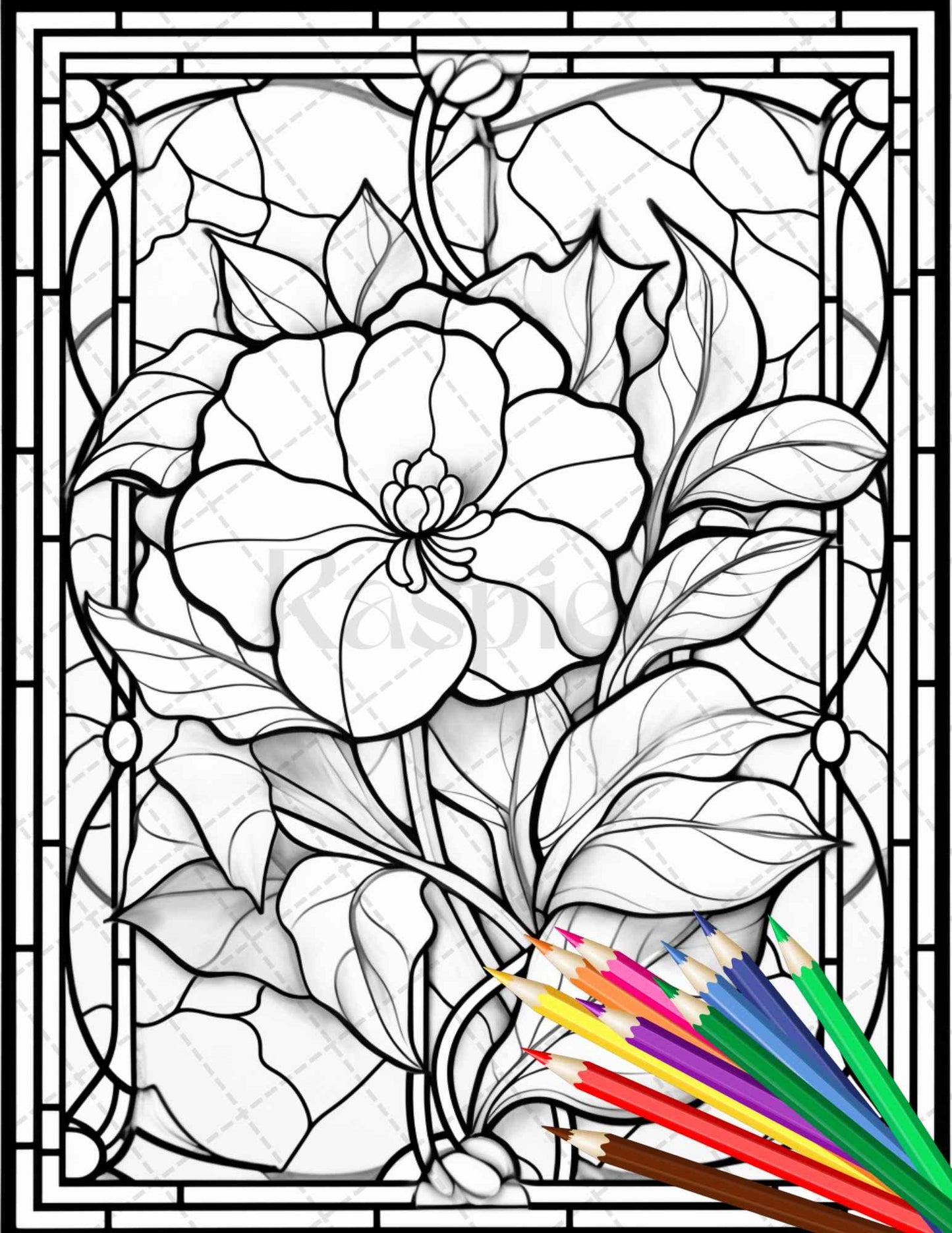 30 Stained Glass Flowers Grayscale Coloring Pages Printable for Adults, PDF File Instant Download