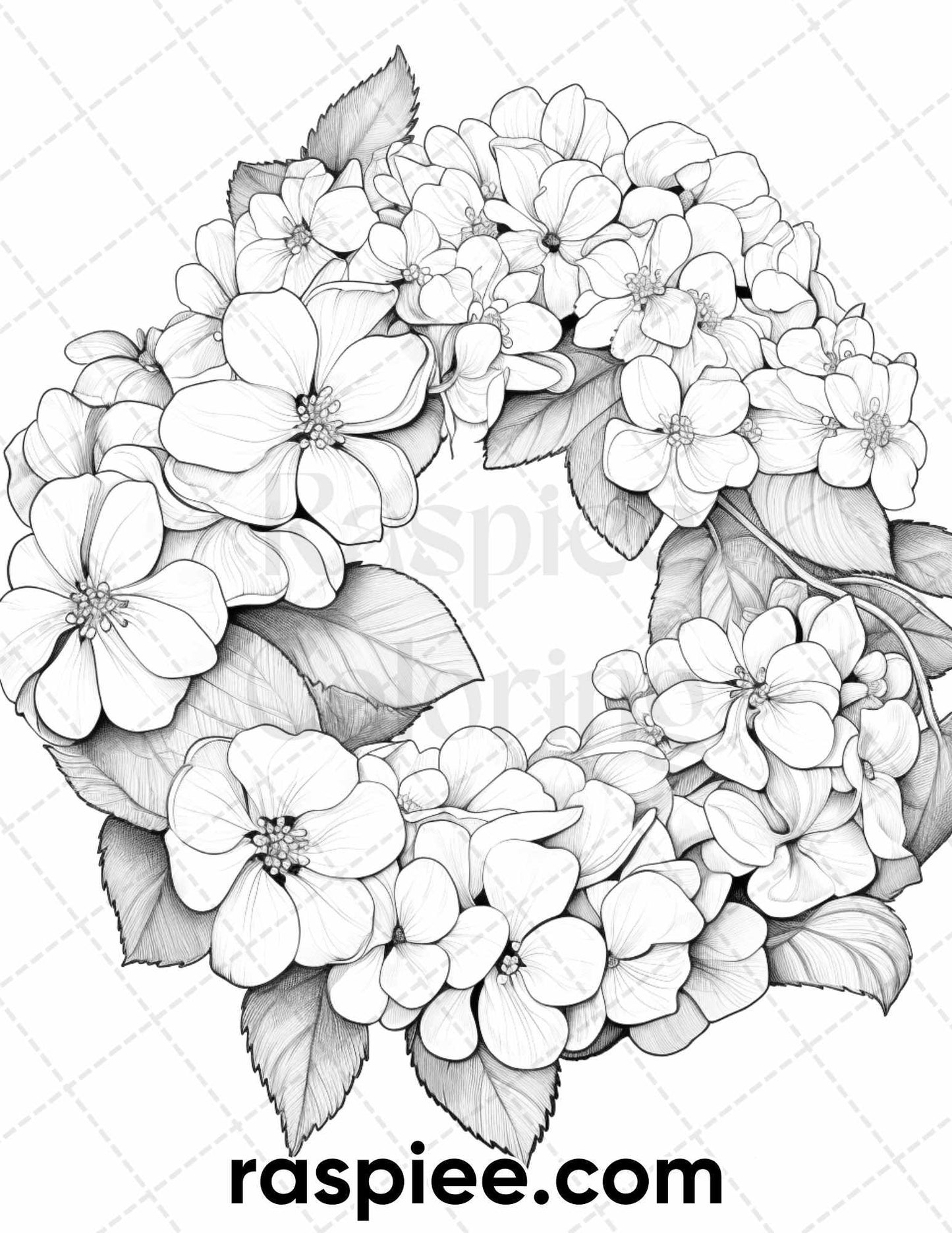 65 Spring Floral Wreaths Grayscale Adult Coloring Pages, Printable PDF Instant Download