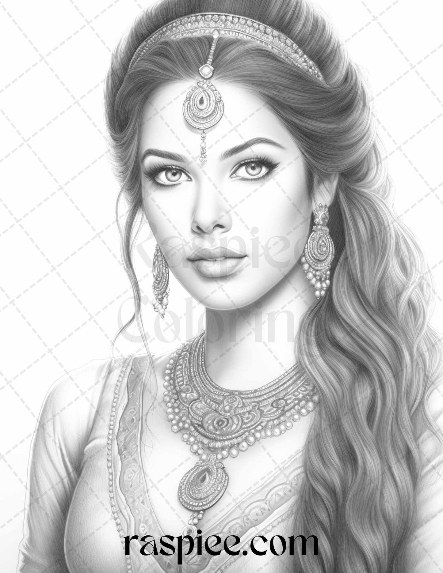 50 Beautiful Indian Women Grayscale Coloring Pages for Adults, Printable PDF File Instant Download