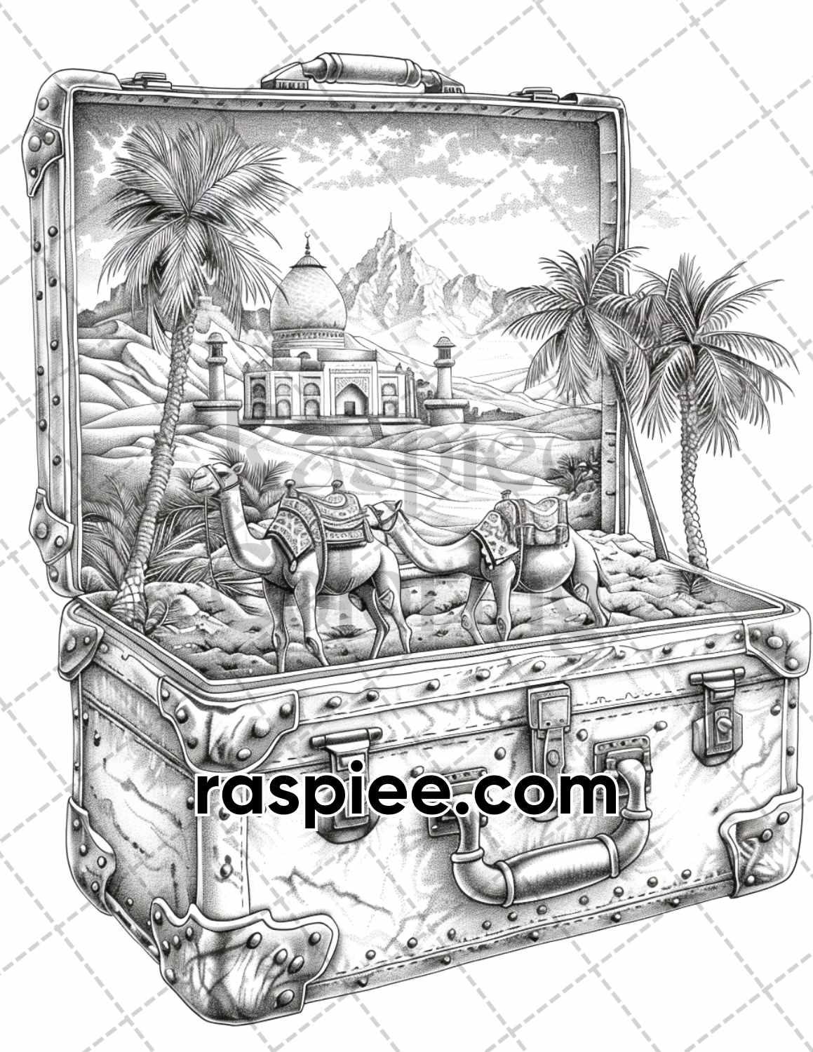 67 Worlds in a Suitcase Grayscale Adult Coloring Pages, Printable PDF Instant Download