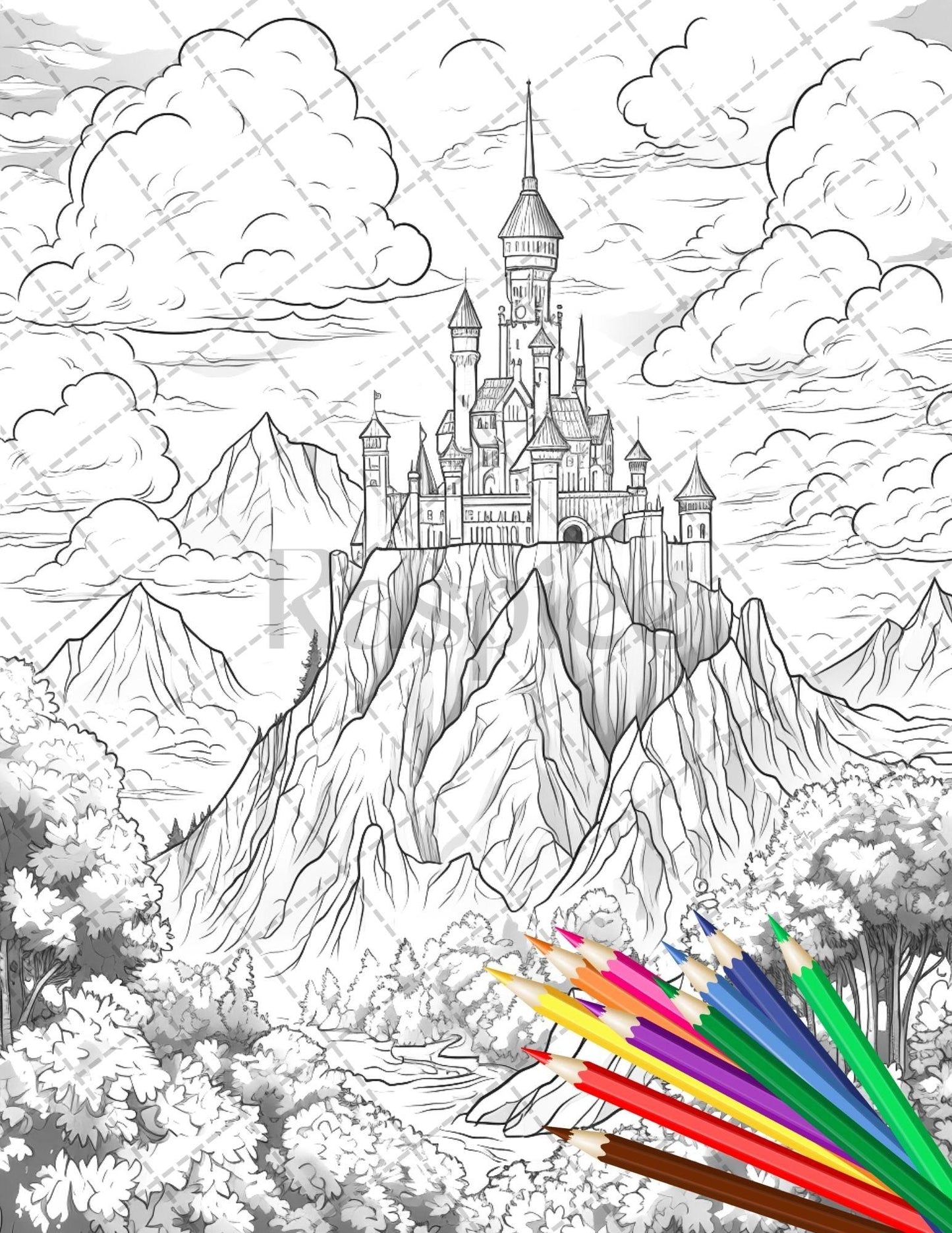 122 Fantasy Castles Coloring Book for Adults, Grayscale Coloring Page, Printable PDF Instant Download