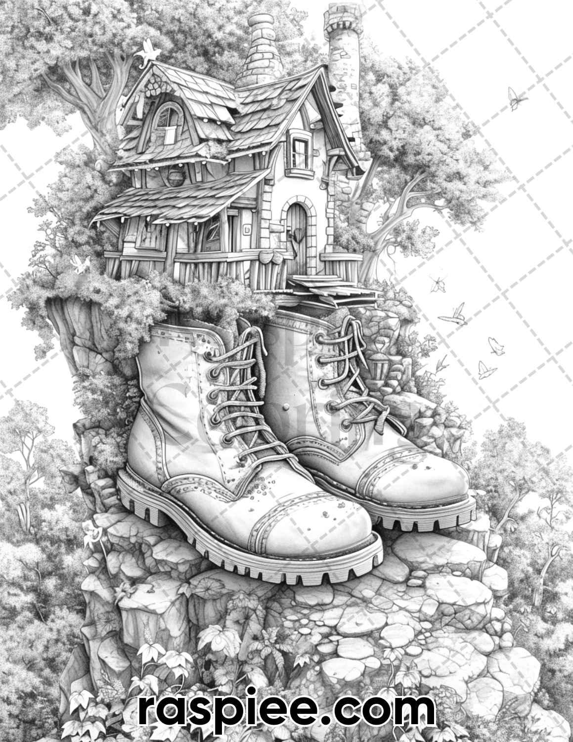 80 Fantasy Shoe House Grayscale Adult Coloring Pages, Printable PDF Instant Download