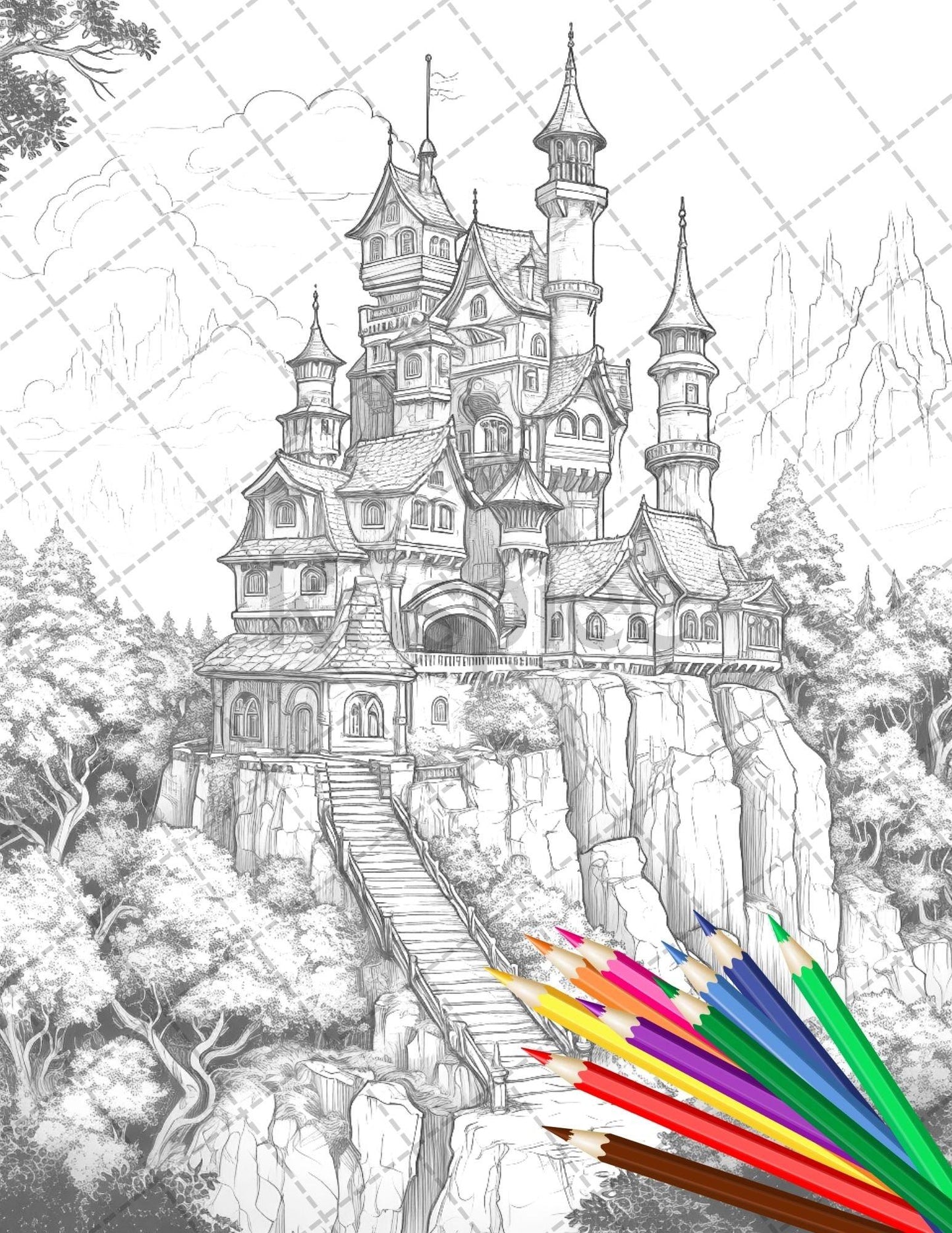 122 Fantasy Castles Coloring Book for Adults, Grayscale Coloring Page, Printable PDF Instant Download