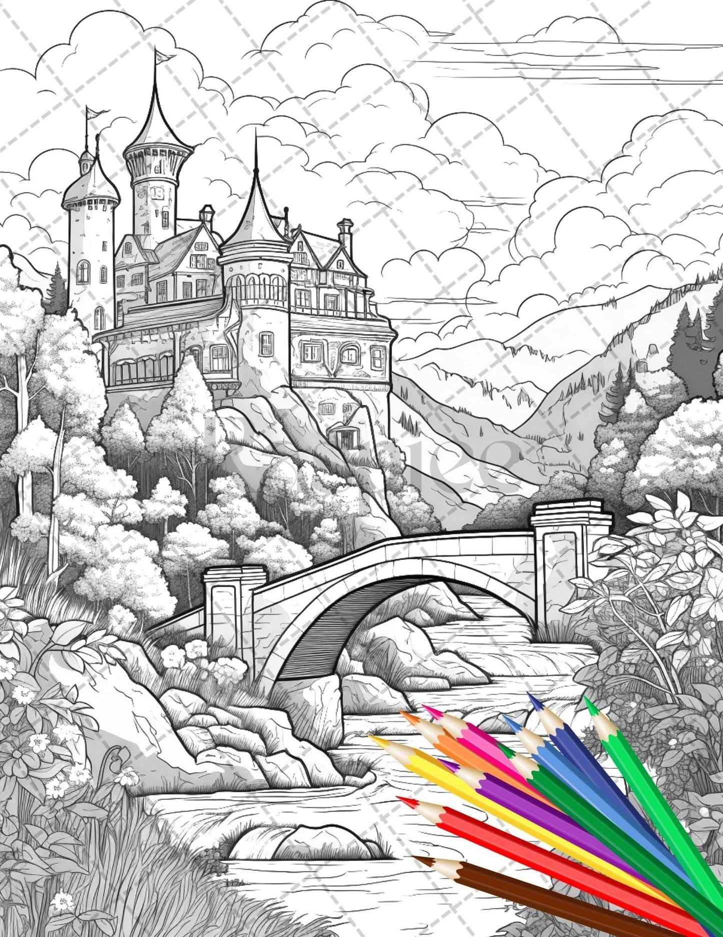 122 Fantasy Castles Coloring Book for Adults, Grayscale Coloring Page, Printable PDF Instant Download