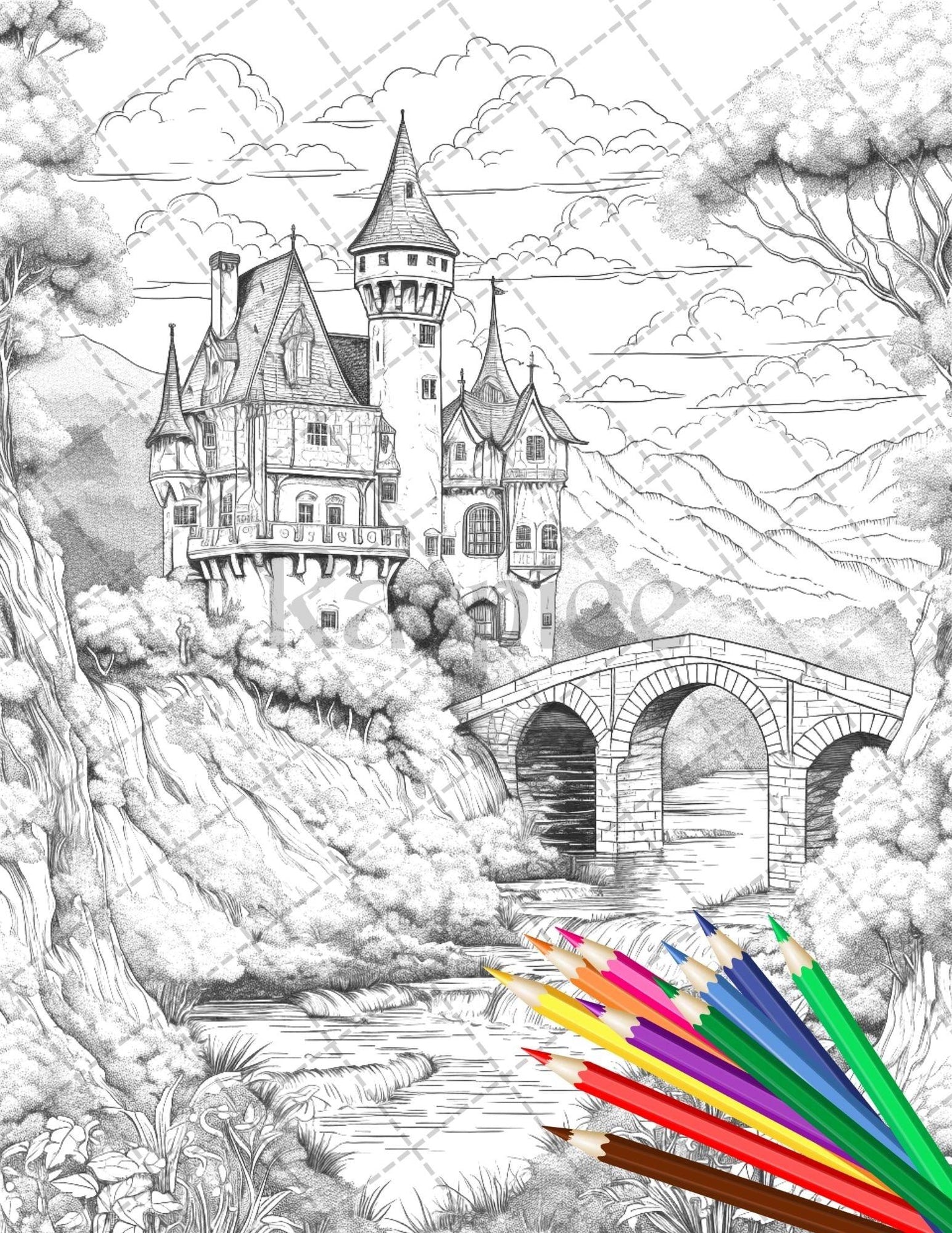 122 Fantasy Castles Coloring Book for Adults, Grayscale Coloring Page, Printable PDF Instant Download