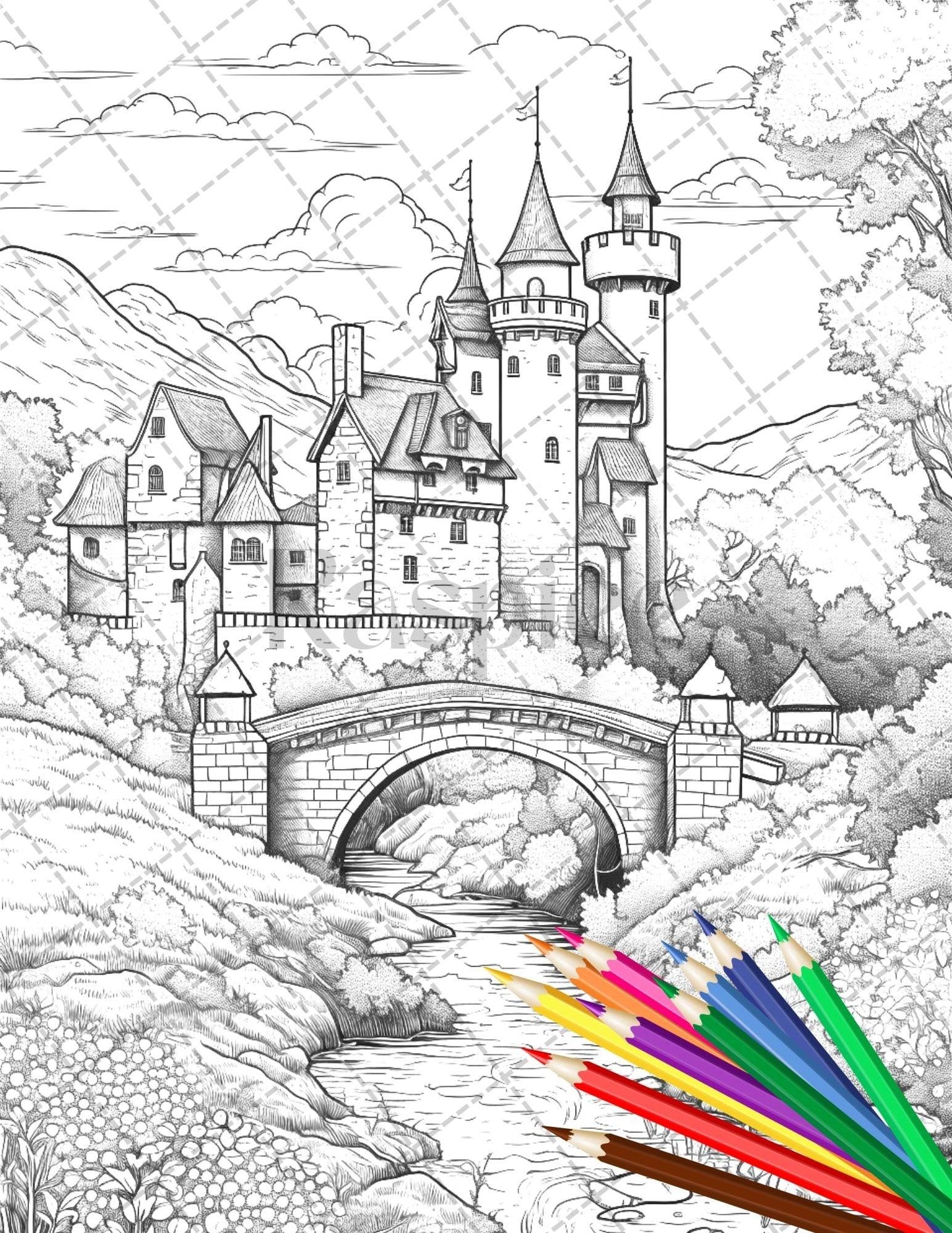 122 Fantasy Castles Coloring Book for Adults, Grayscale Coloring Page, Printable PDF Instant Download