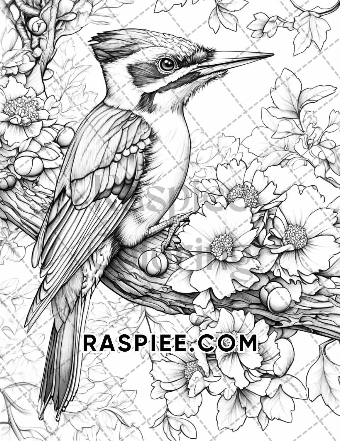 Flowers and Birds Adult Coloring Pages Printable PDF Instant Download