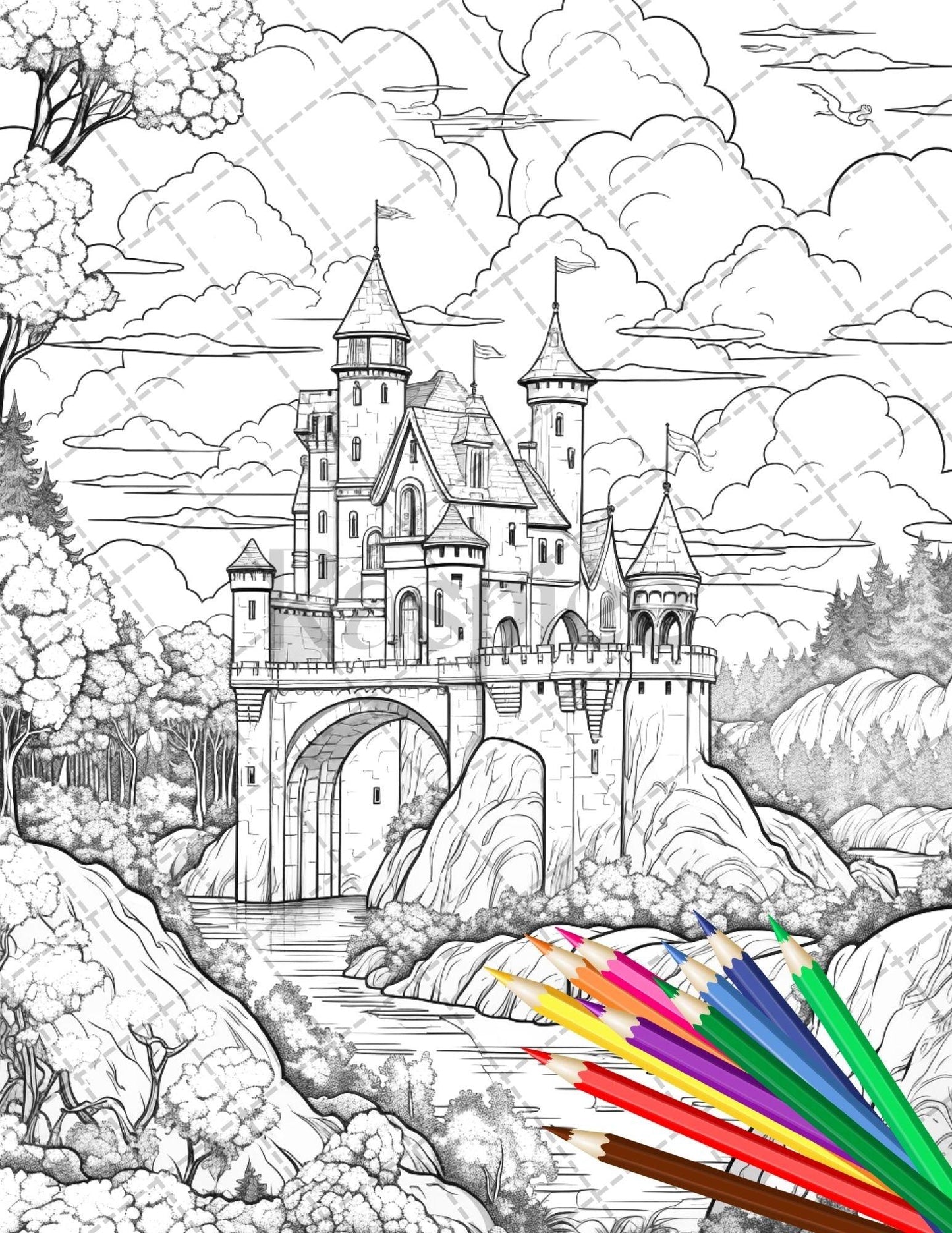 122 Fantasy Castles Coloring Book for Adults, Grayscale Coloring Page, Printable PDF Instant Download