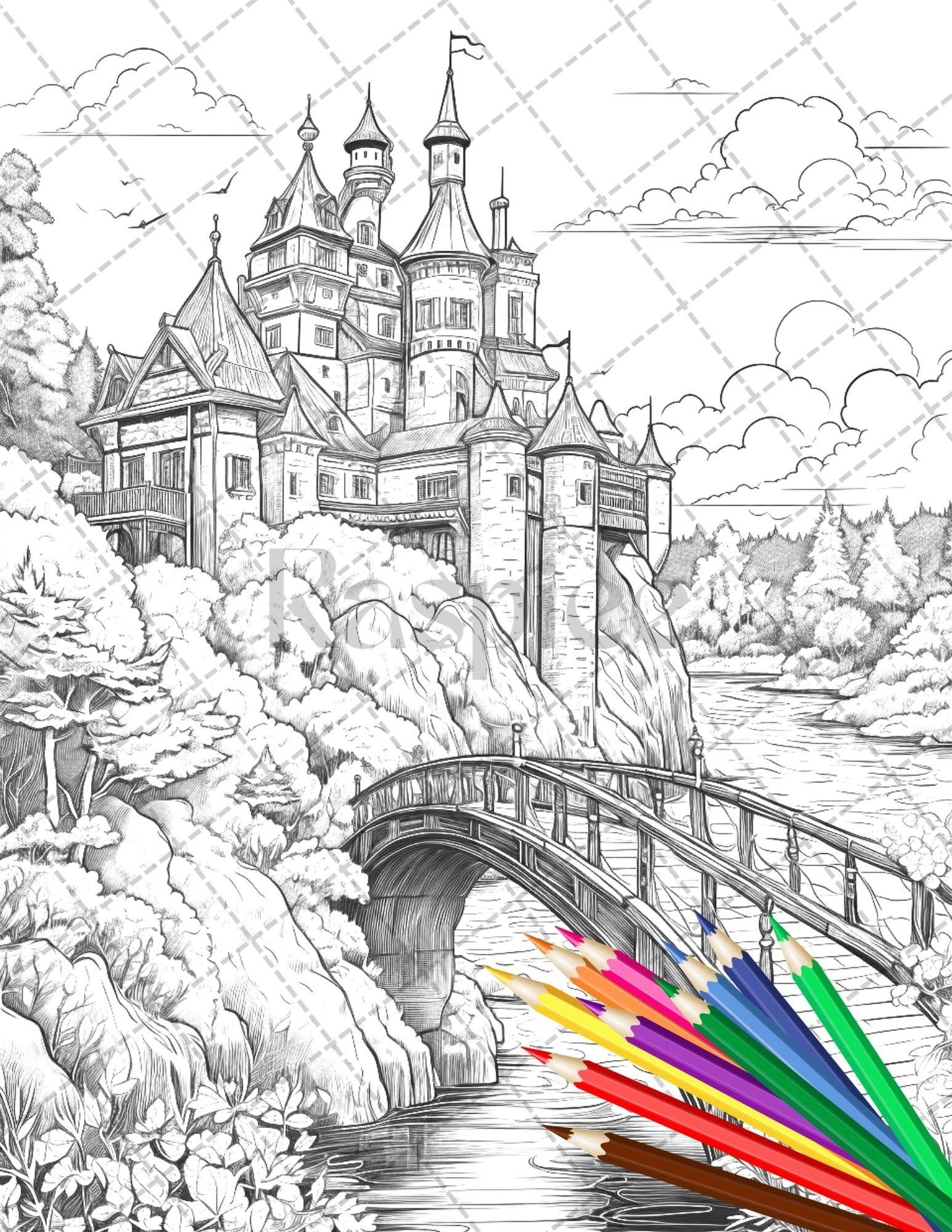122 Fantasy Castles Coloring Book for Adults, Grayscale Coloring Page, Printable PDF Instant Download