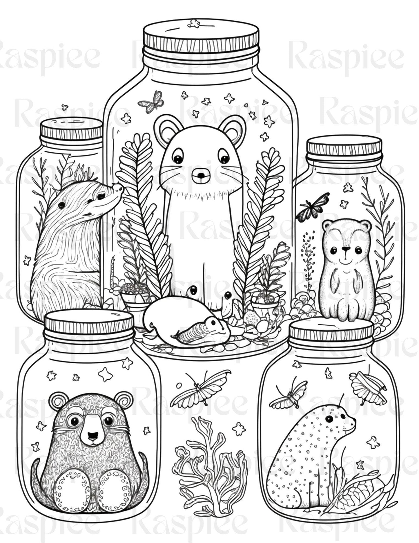 100 Animal in Jar Coloring Pages, Printable Coloring Pages for Kids and Adults, Printable PDF File Instant Download