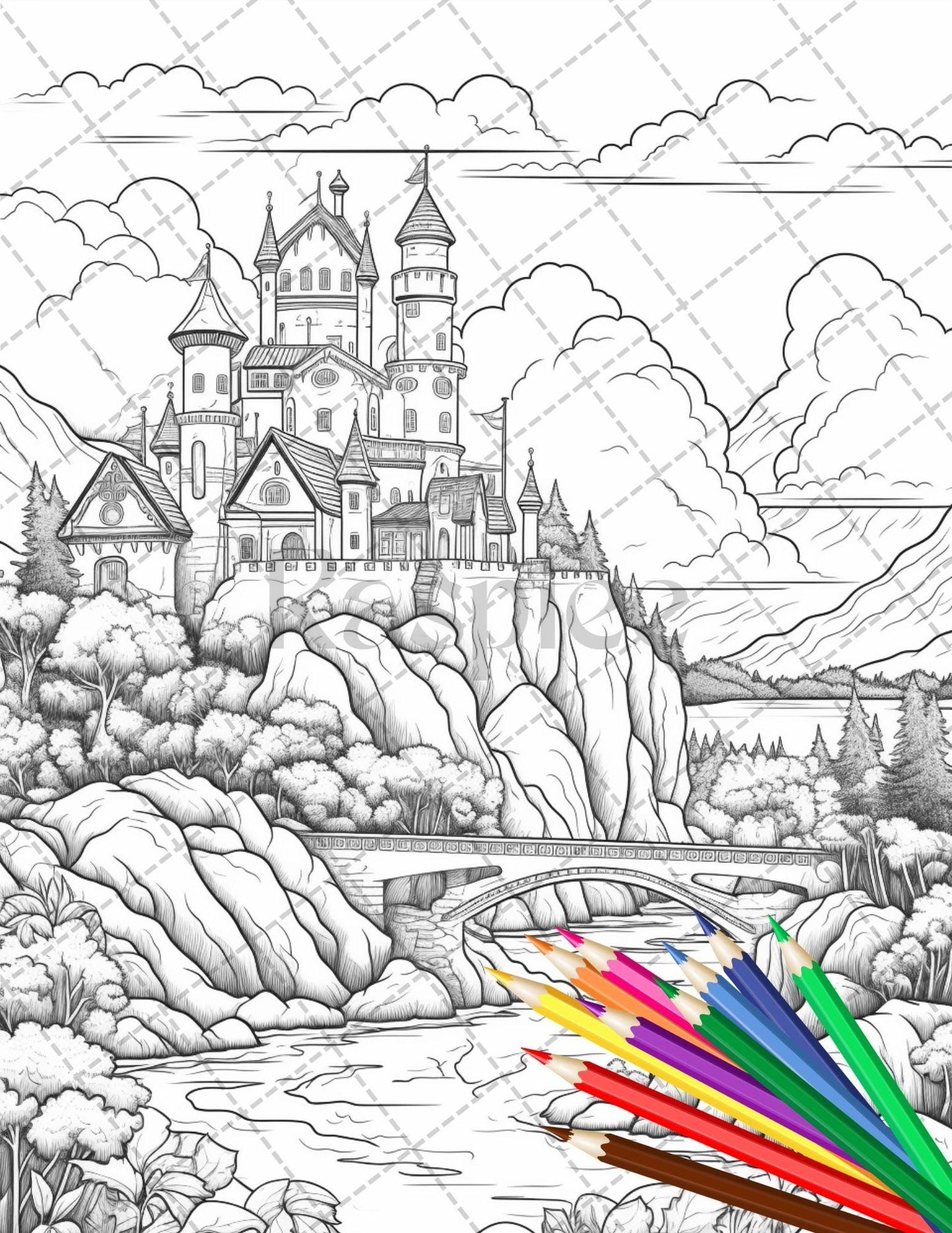 122 Fantasy Castles Coloring Book for Adults, Grayscale Coloring Page, Printable PDF Instant Download