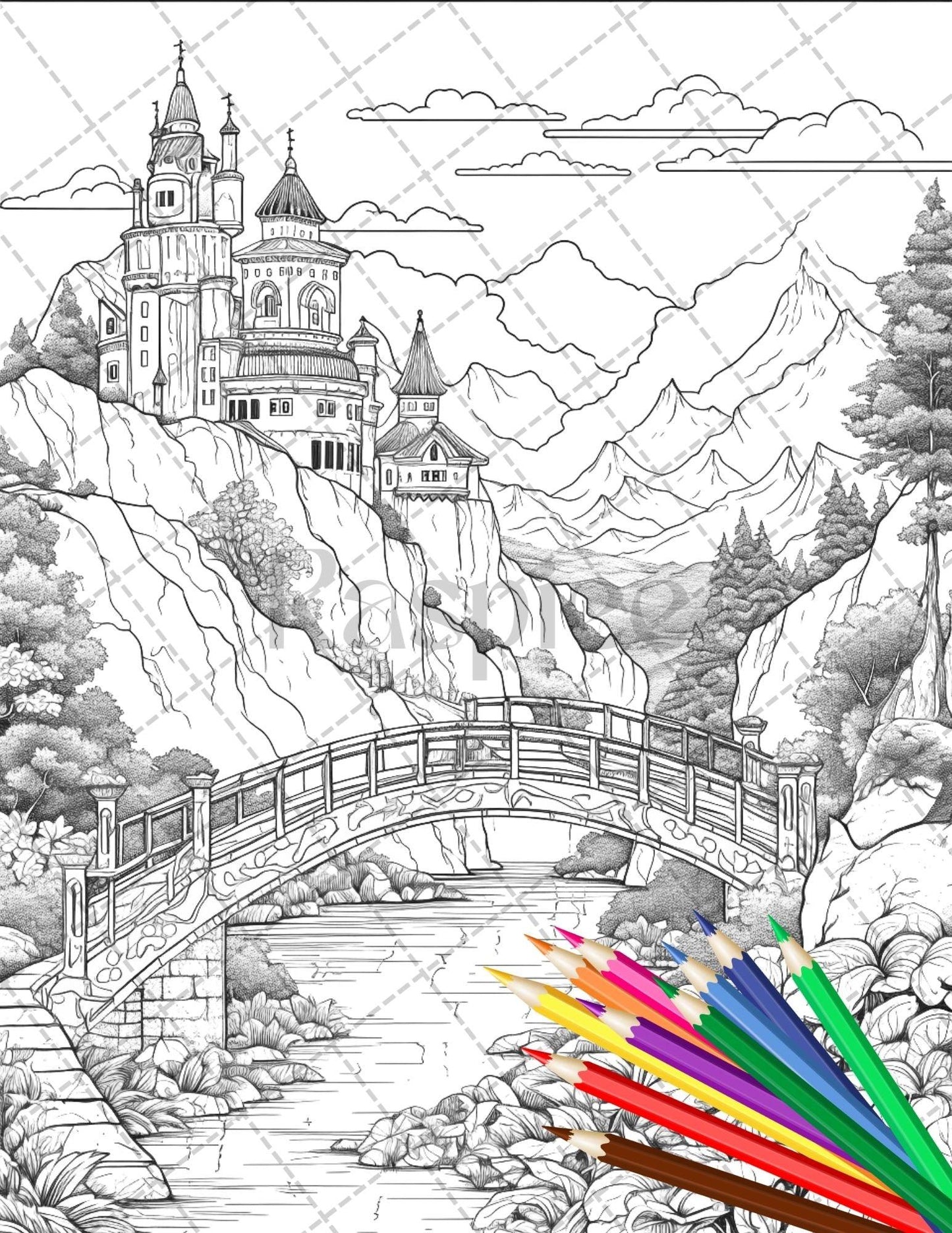 122 Fantasy Castles Coloring Book for Adults, Grayscale Coloring Page, Printable PDF Instant Download