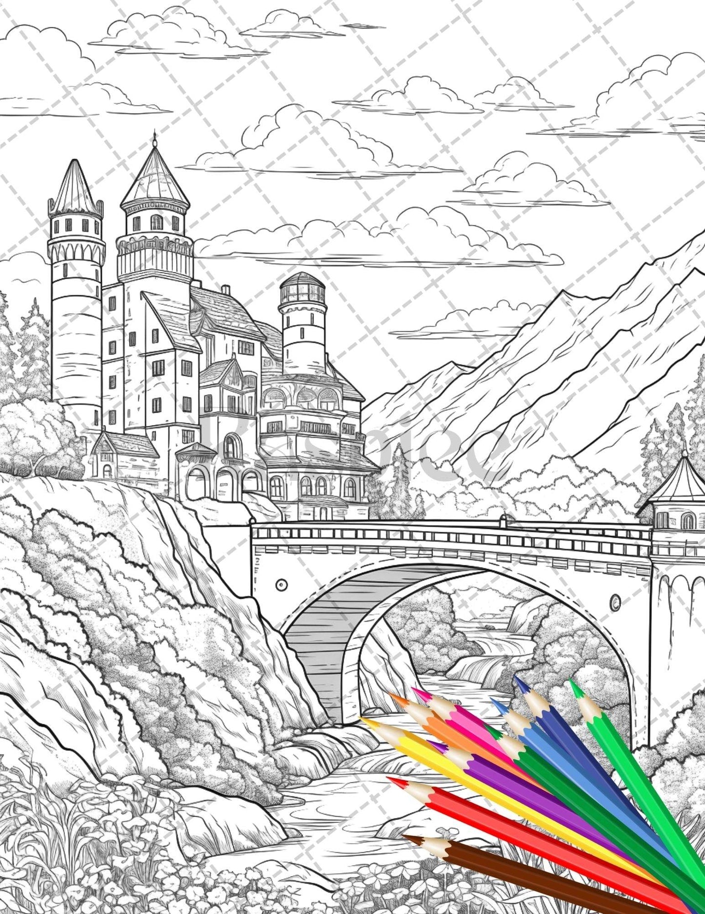 122 Fantasy Castles Coloring Book for Adults, Grayscale Coloring Page, Printable PDF Instant Download
