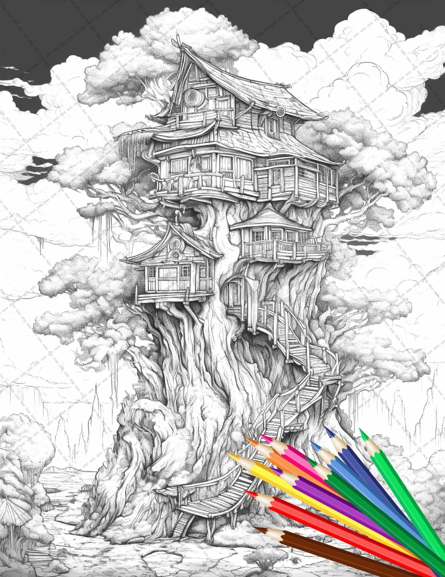110 Enchanted Treehouse Coloring Book Printable for Adults, Grayscale Coloring Page, PDF File Instant Download