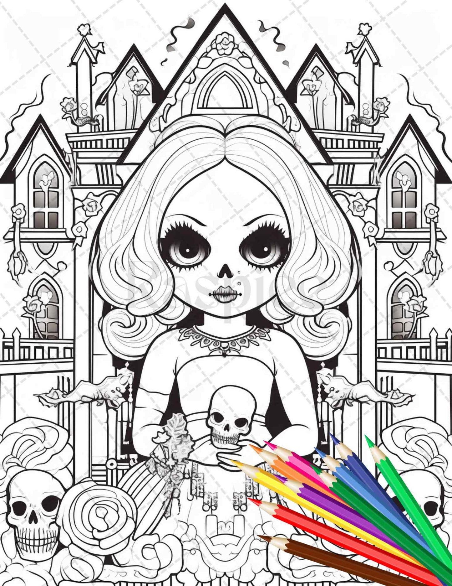 32 Creepy Kawaii Pastel Goth Coloring Pages Printable for Adults, Grayscale Coloring Page, PDF File Instant Download