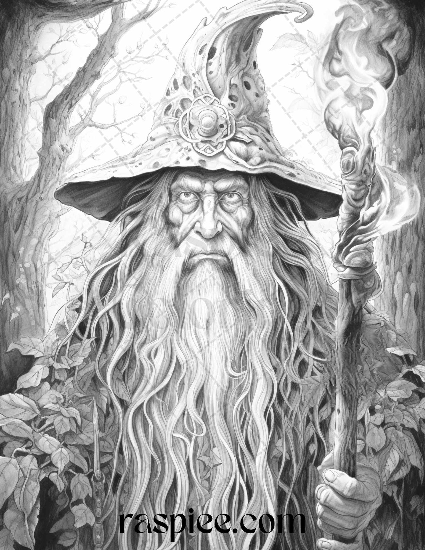 50 Magical Wizard Grayscale Coloring Pages for Adults, Printable PDF File Instant Download