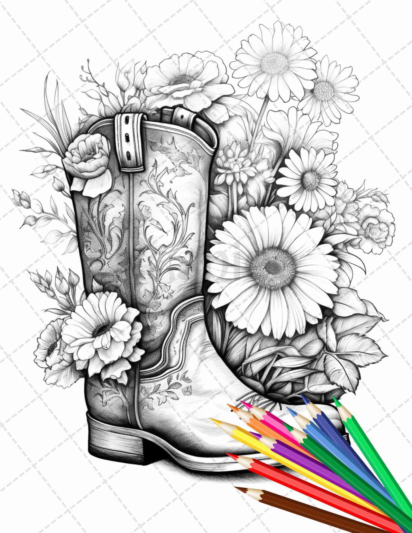 32 Flower Boots Coloring Pages Printable for Adults, Floral Grayscale Coloring Page, PDF File Instant Download
